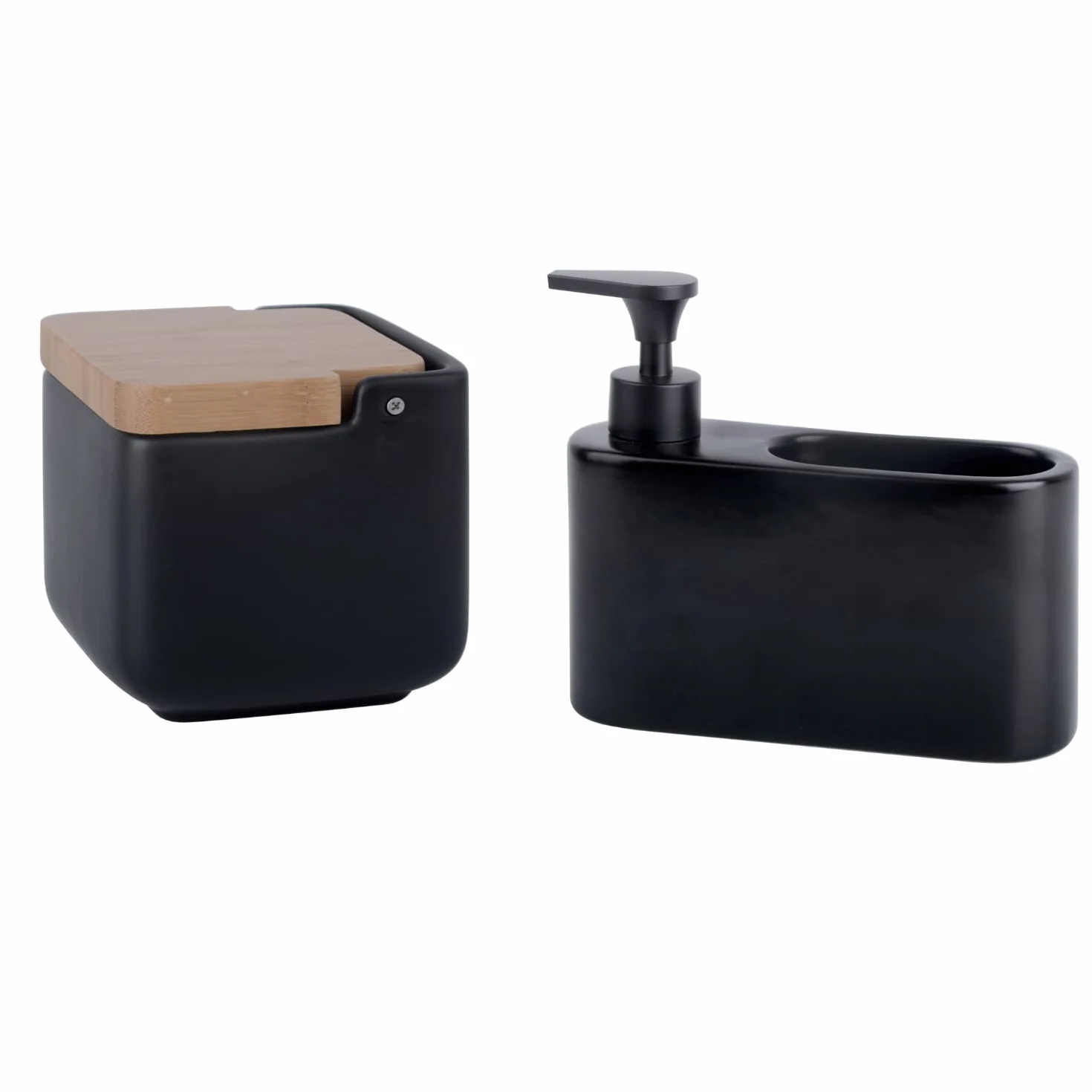 Juego de Accesorios de Cocina | Incluye 1 x Salero de Cocina con Tapa basculante de Bambú y 1 x Dispensador de Jabón de Cocina con Hueco para Guardar el Estropajo | Negro Mate