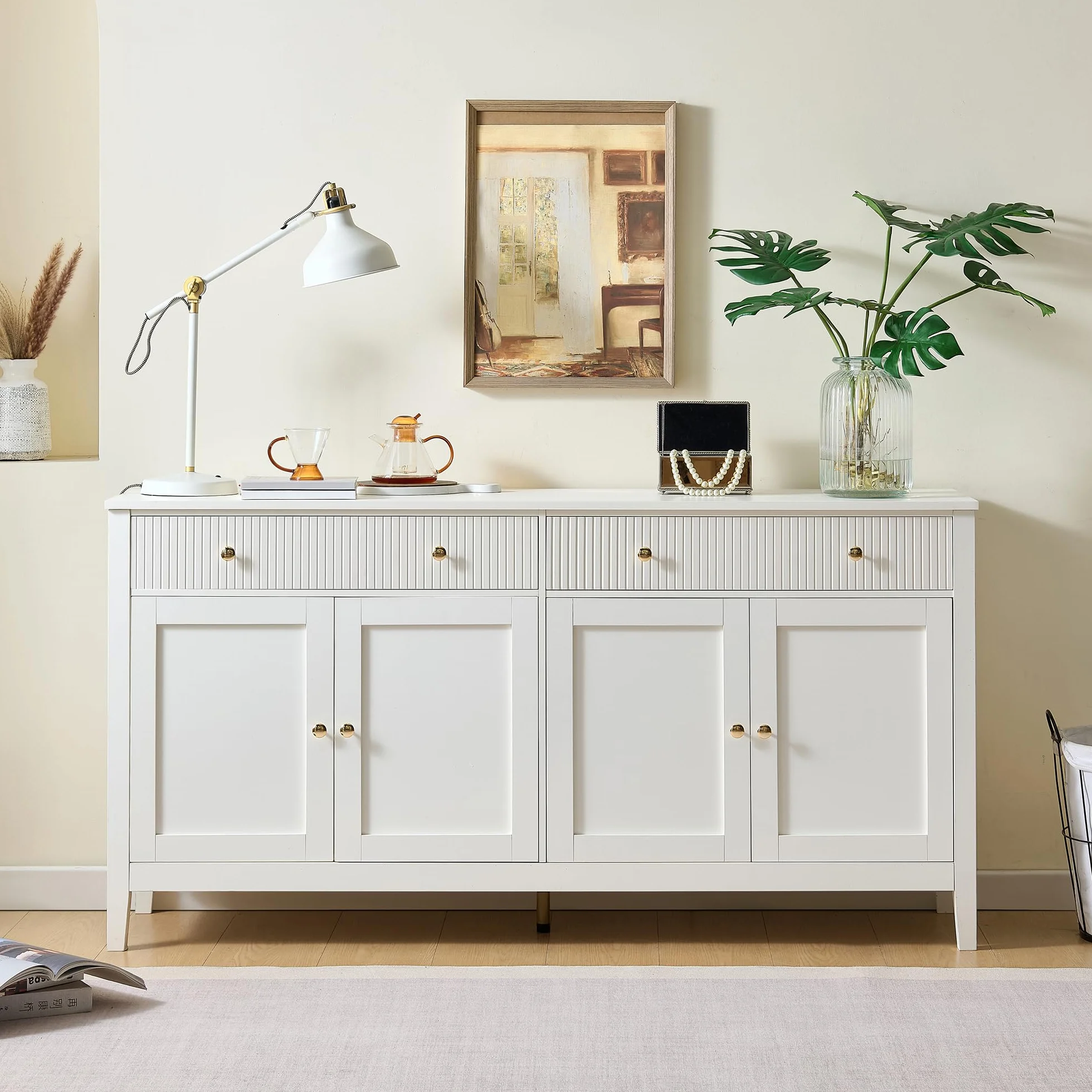 Aparador Blanco Elegante con 2 Cajones y 4 Puertas, Armario Cocina Aparadores para Salon con Estante y 5 Patas, Aparador Entrada Mueble Auxiliar Comedor, 160x40x82 cm, Blanco