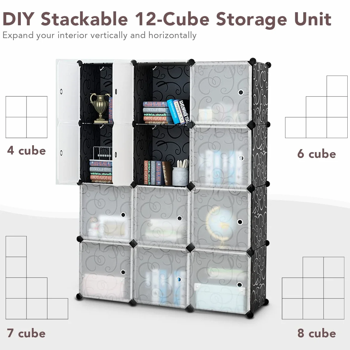 GOPLUS Mueble de almacenamiento 12 cubos 35x35 cm estante modular plástico apilable con puertas carga 10 kg