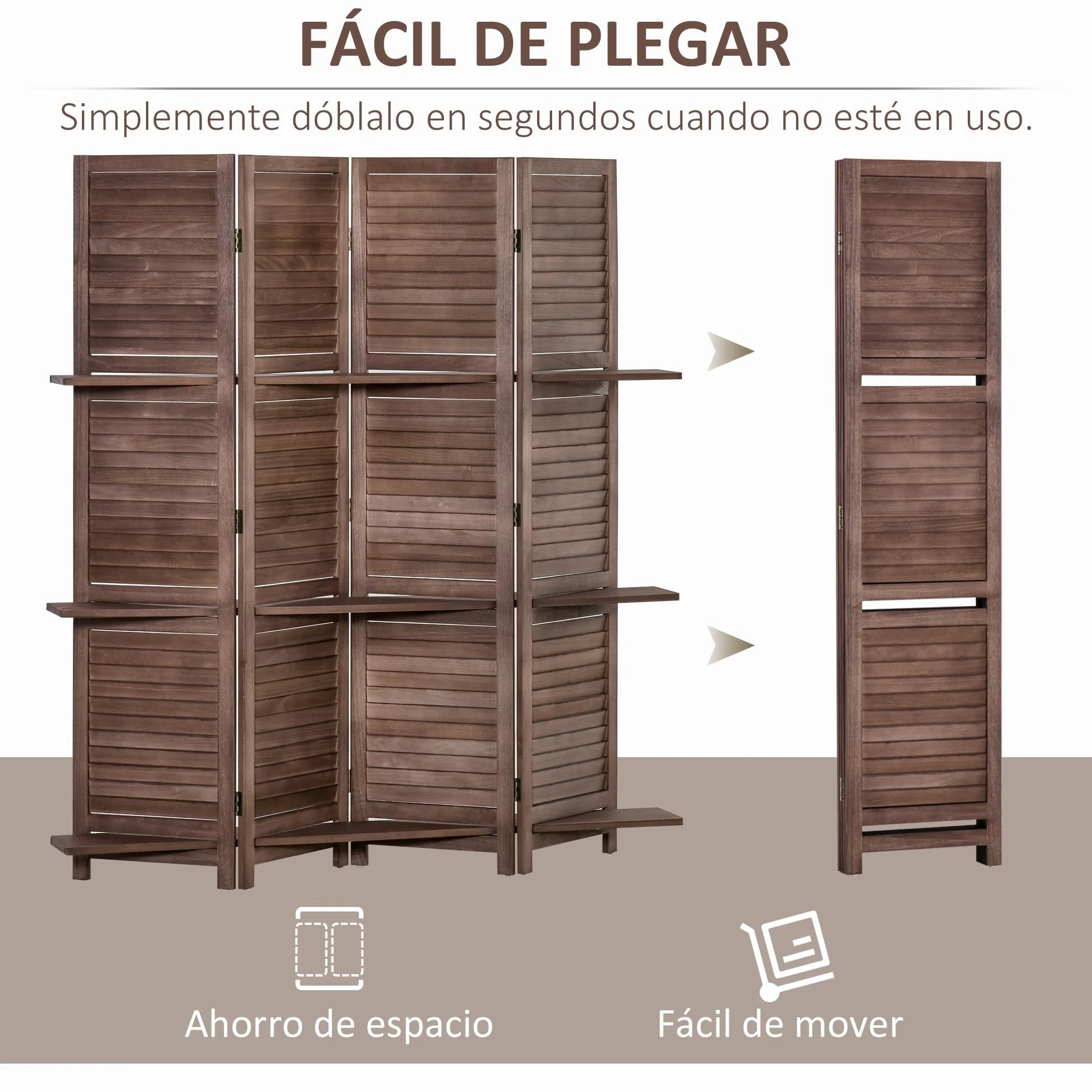 HOMCOM Biombo Plegable de 4 Paneles de Madera, 162x170 cm, Biombo Separador de Ambientes con 3 Estantes, Diseño de Persianas, Decoración para Dormitorio, Salón, Nogal