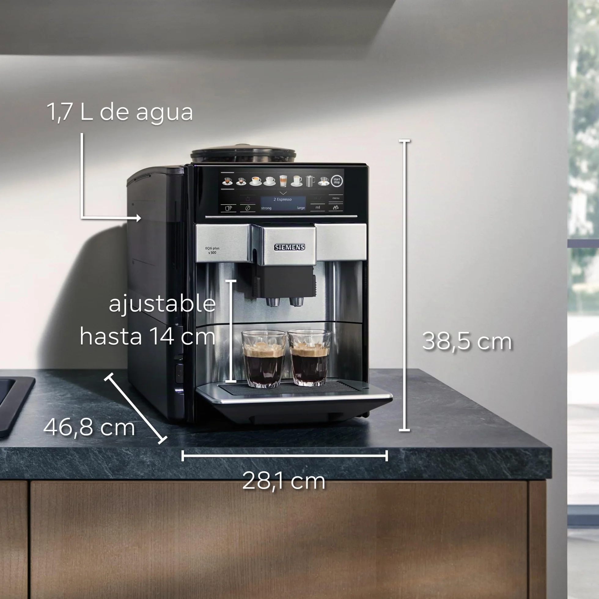 Siemens - Cafetera automática, sistema de leche, 12 bebidas, limpieza automática del depósito de leche, molinillo cerámico, pantalla táctil grande, EQ6 plus s500, TE655203RW