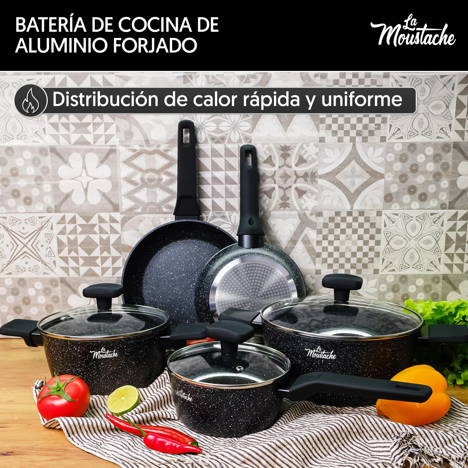 Juego de Ollas y Sartenes La Moustache 8 Piezas Aluminio Antiadherente sin PFOA PFOS Apta Inducción