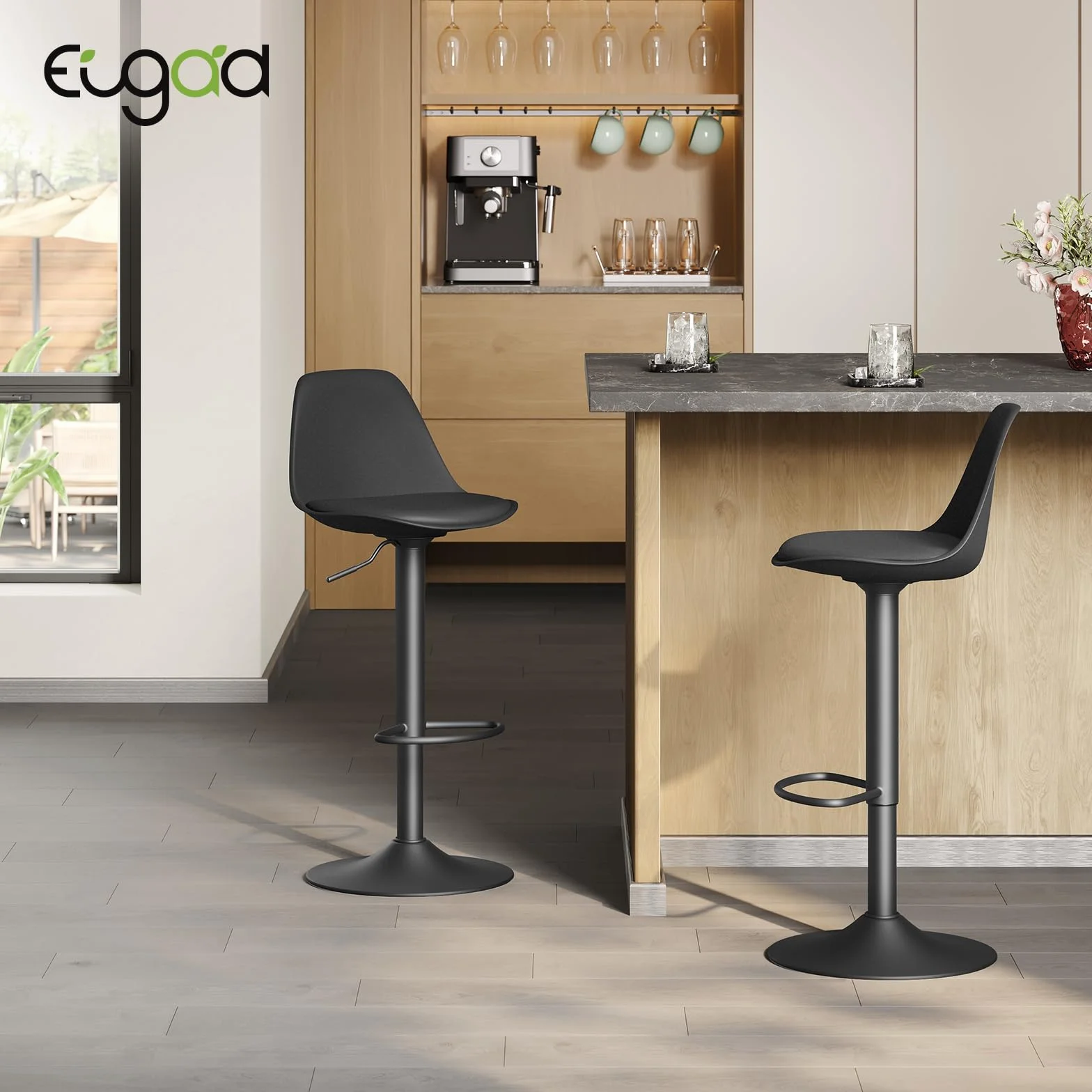 EUGAD Juego de 2X Taburete de Bar Giratorio, con Altura Ajustable Entre 60,5 y 82 cm, Taburete de Cocina, Estructura Metal, con Respaldo y Reposapies, Negro Tinta, Cuero Sintético