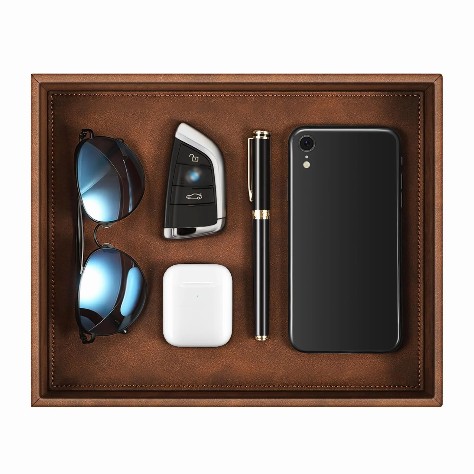 SITHON Bandeja Organizador de Escritorio, Almacenamiento Organizer de PU Cuero para Cuarto de Baño, Hogar Salón Dormitorio Soporte Caja para Joyas, Mando a Distancia, Teléfonos (Marrón)
