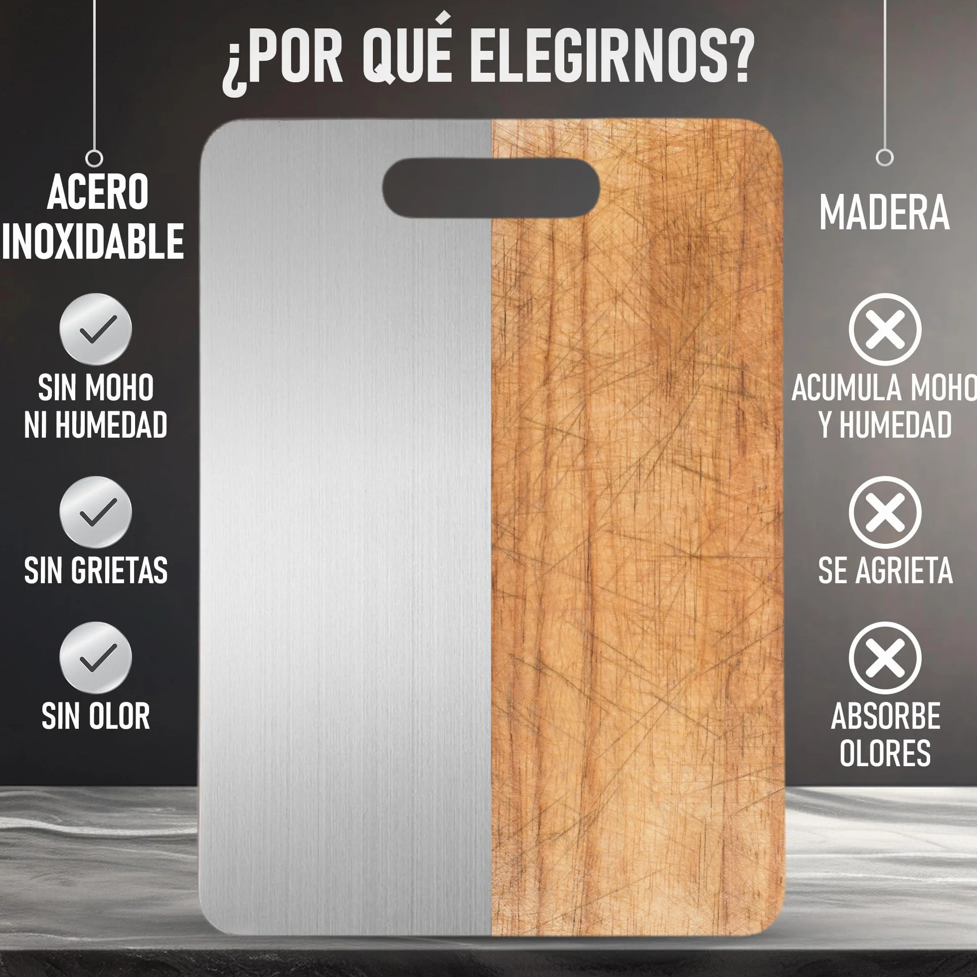 SET de 3 Tabla de Cortar con Aleación de Titanio para Cocina de Acero Inoxidable SUS316 y SUS 304 + Ganchos y Paños - Tabla de Cortar de Titanio Resistente + Reversible y Antibacteriana | 3-Stars