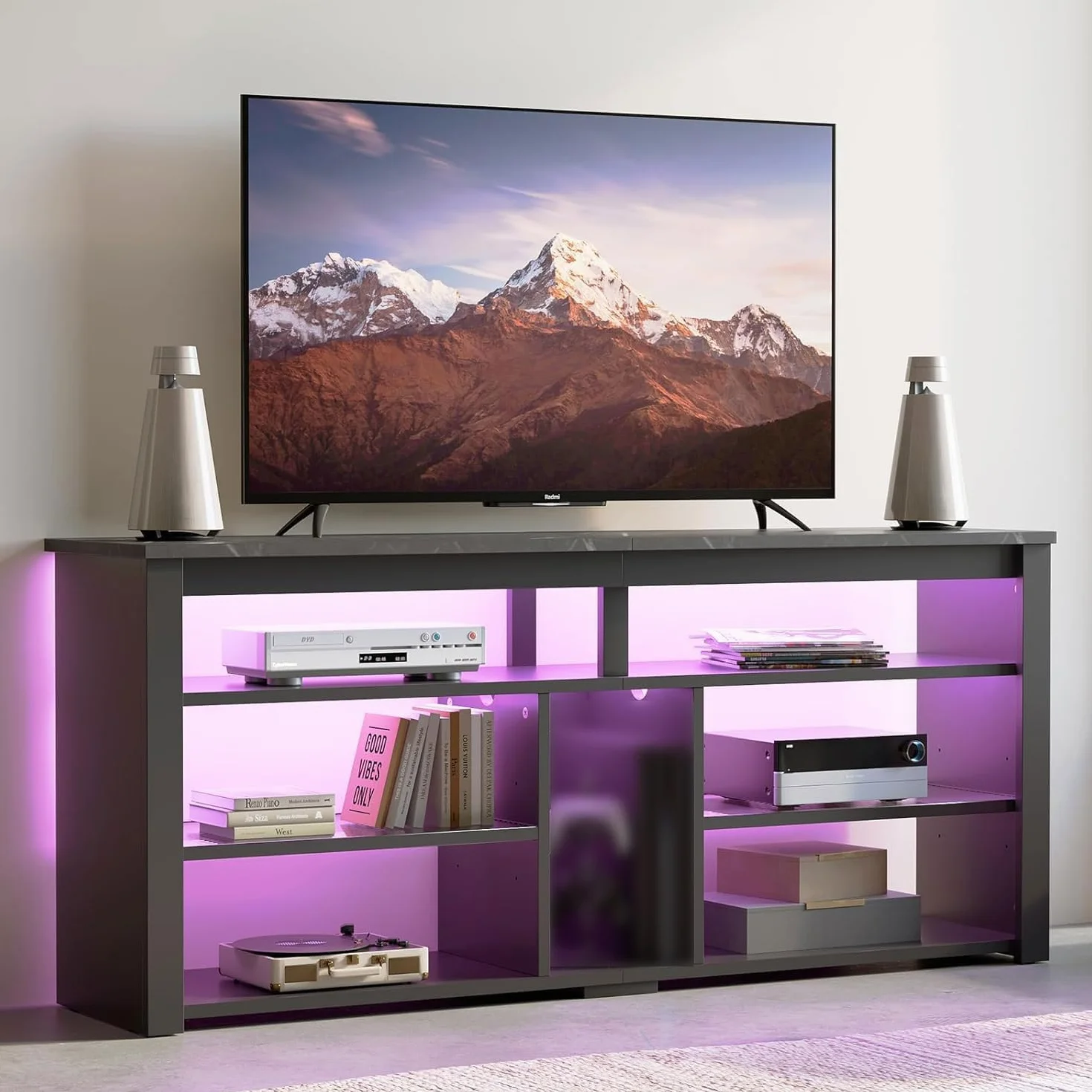 Bestier Mueble de TV Alto para televisores de 65", Soporte para TV con Almacenamiento para PS5, Consola de TV LED con Estante Ajustable para Sala de Estar, mármol Negro