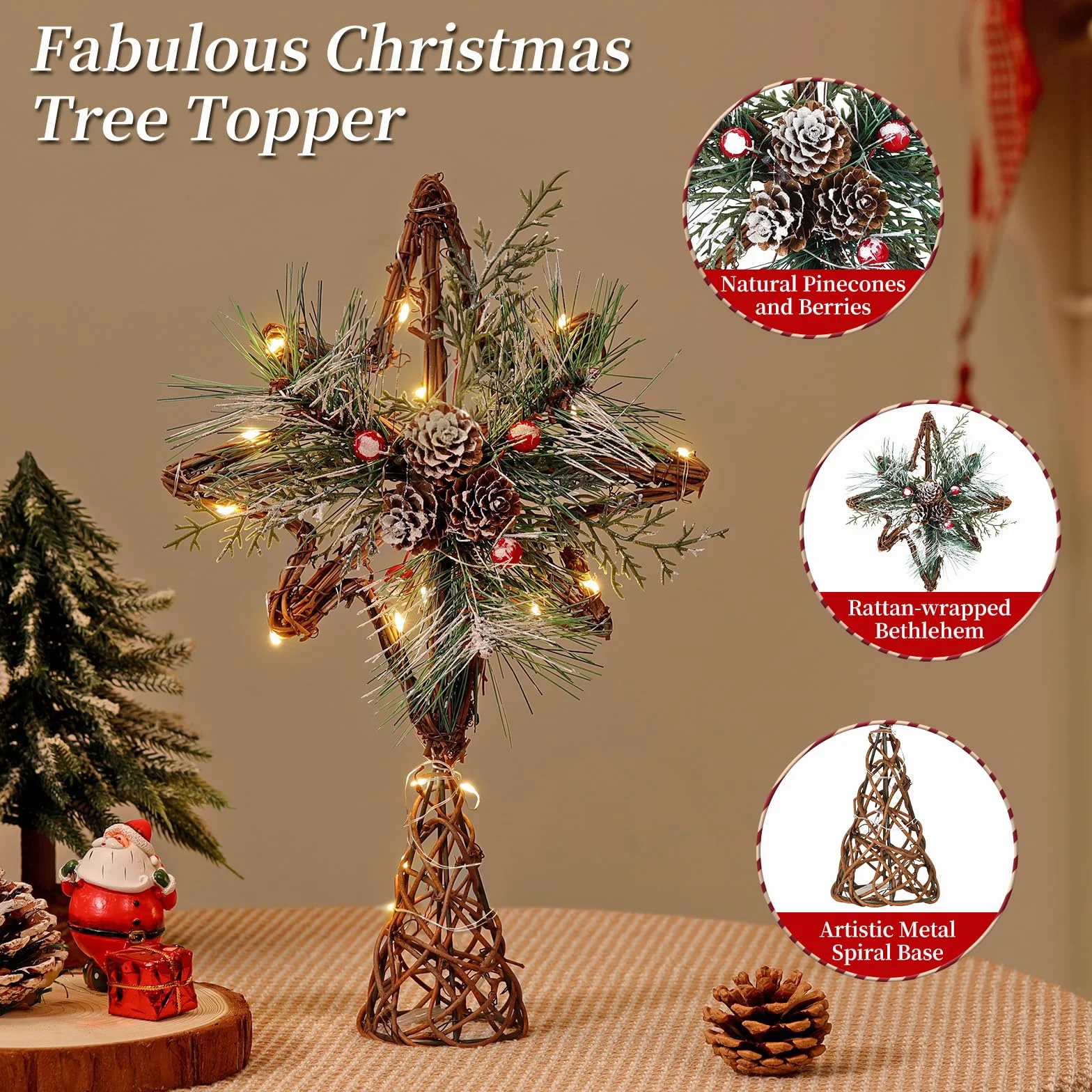 Lewondr Corona De Árbol De Navidad, 13,19" 20 LED Estrella De Navidad Ratán Rústica con Piña Y Hojas, Temporizador 6H, 8 Modos De Luz, USB Y Control Remoto Estrella Corona Árbol, Marrón