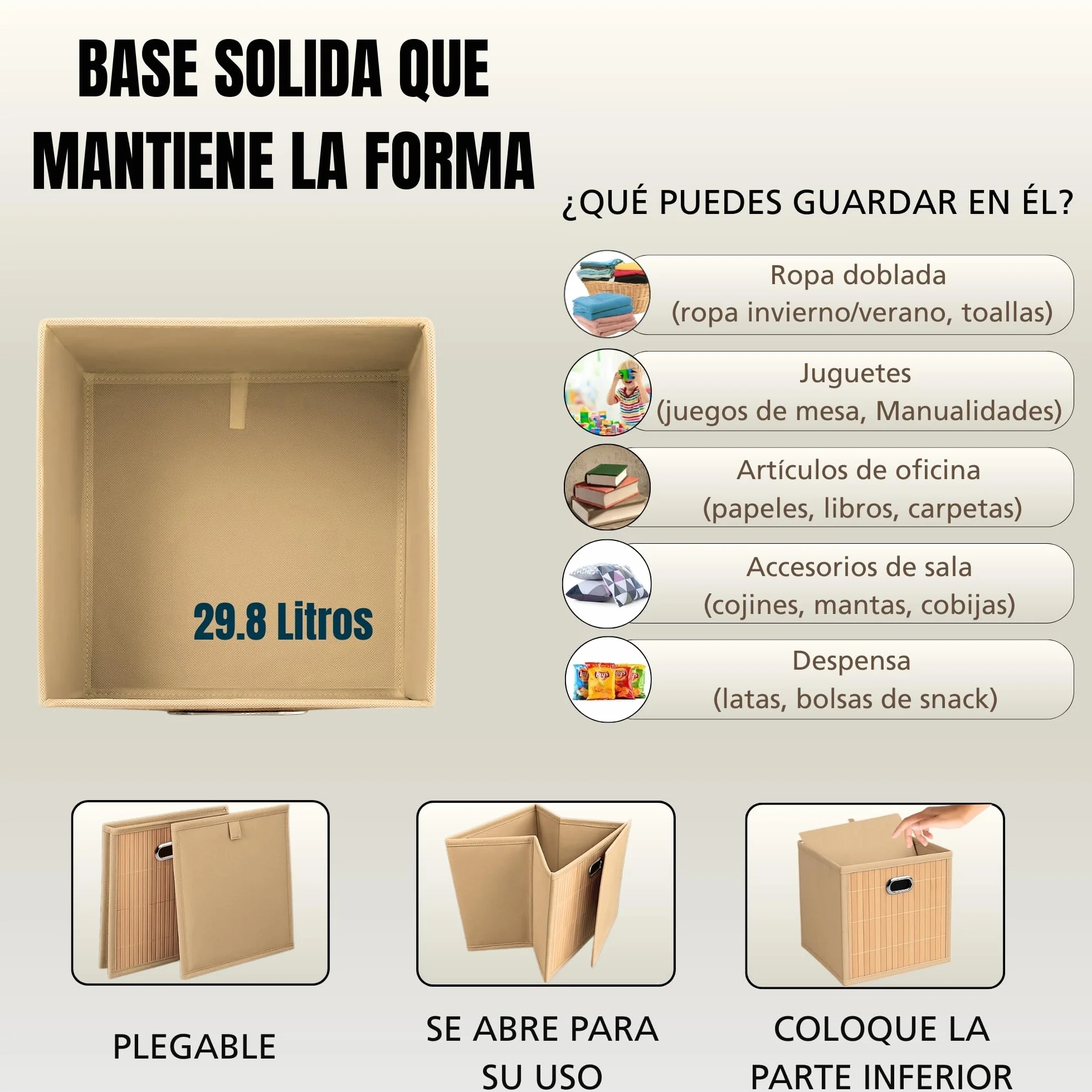 6 Cajas Almacenaje - Cestas Almacenaje - Cajas Organizadoras 31x31x31cm - Cajas Almacenaje Decorativas Hechas En Bamboo Y Tela - Cestas Organizadoras - (BEIGE, 31x31x31 cm)