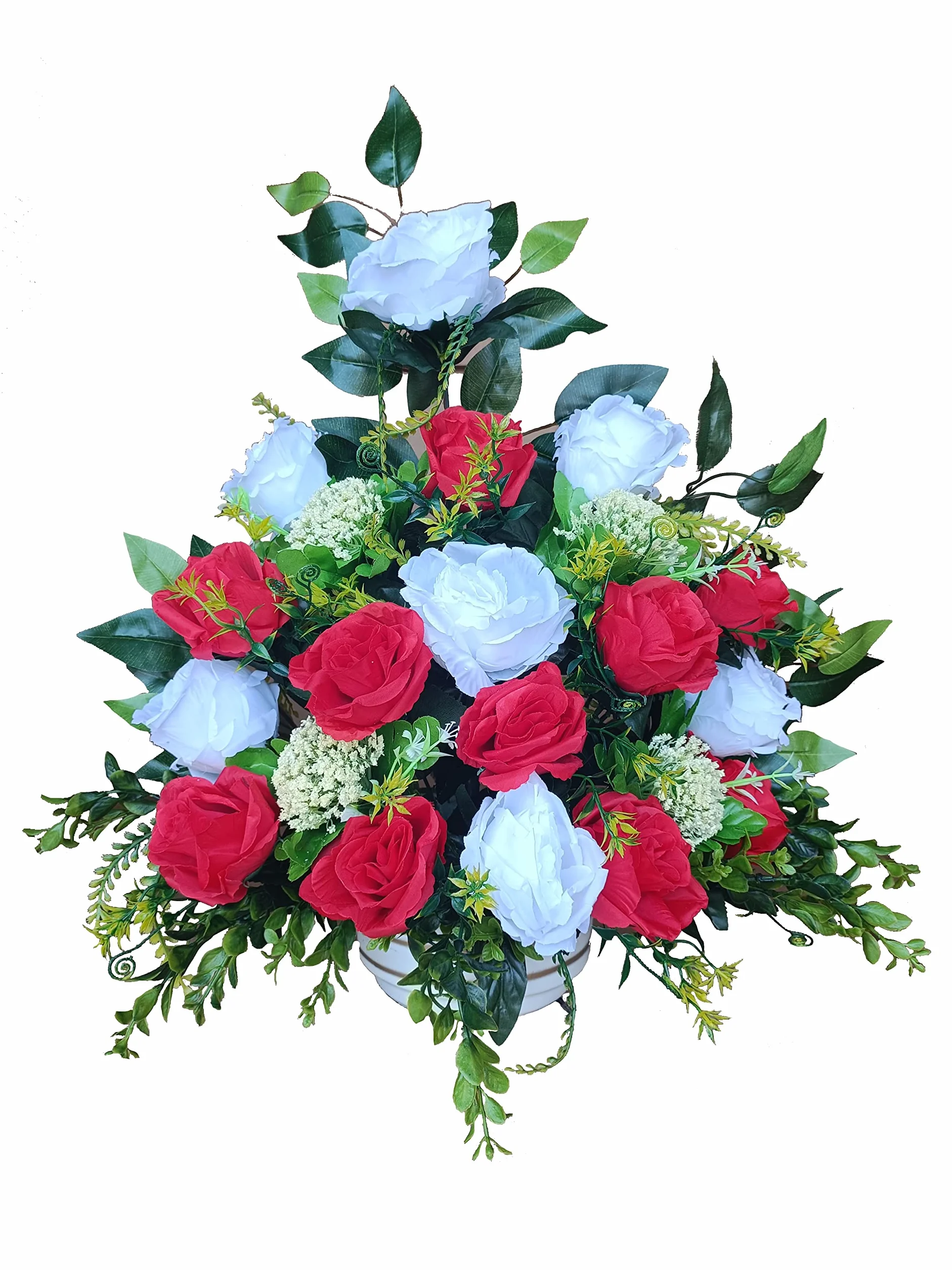 DRW Centro de Flores Artificiales Cementerio, Santos, Aniversarios Rosas Blancas y Rojas 55 cm Ancho x 60 cm Altura x 25 cm Profundidad (Aprox)