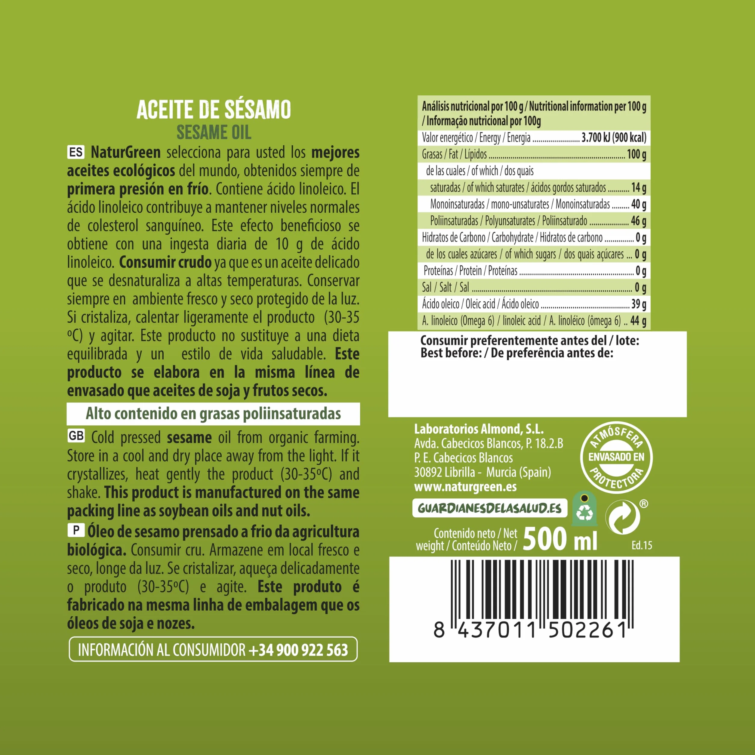 NaturGreen Aceite de Sésamo Bio 500ml