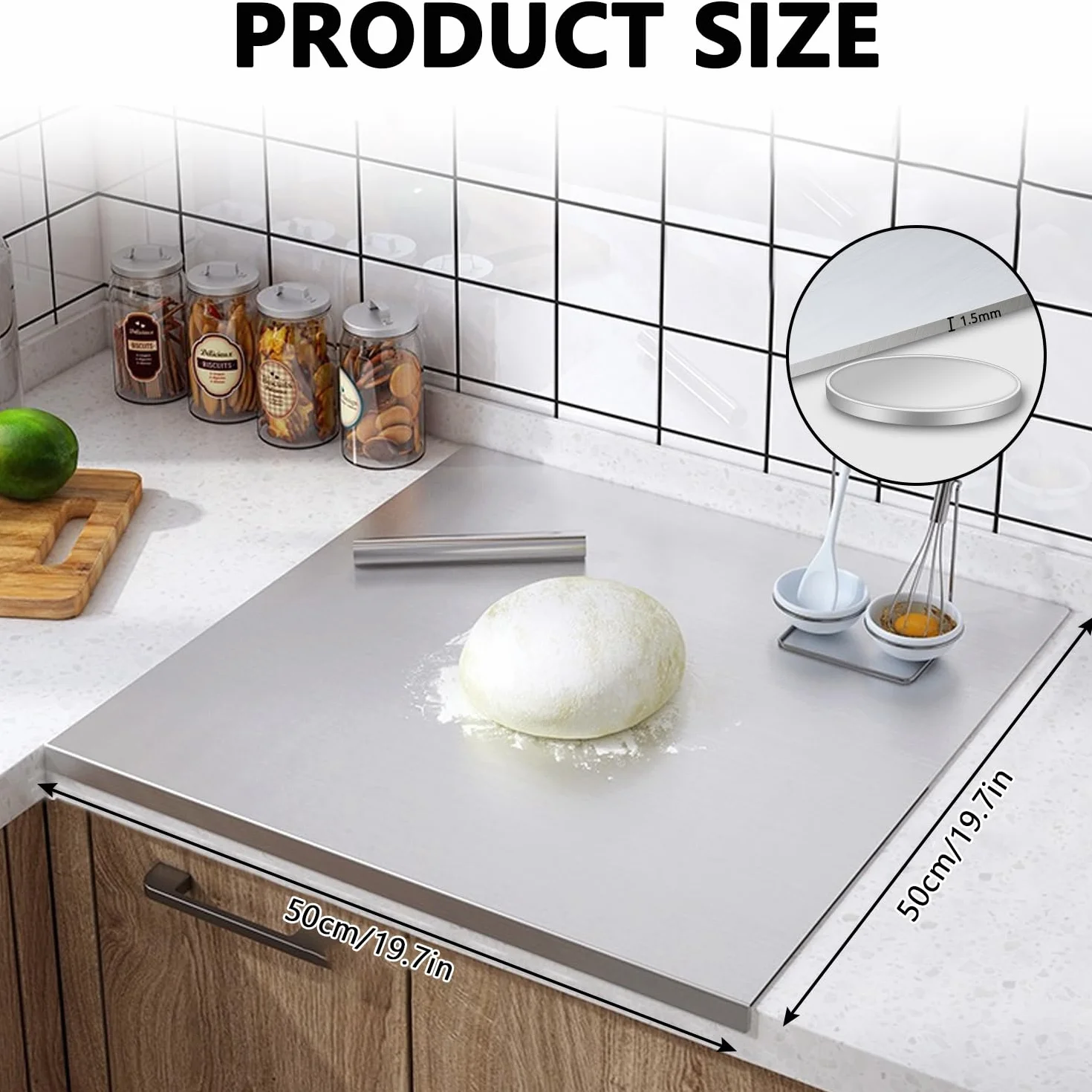 Tabla de Cortar Acero Inoxidable 50 x 50 cm, Tablas de Cocina con Borde de Parada, Uso a Doble Cara - Antibacteriana y Fácil de Limpiar, Stainless Steel Cutting Board para Carne, Frutas, Verduras, Pan