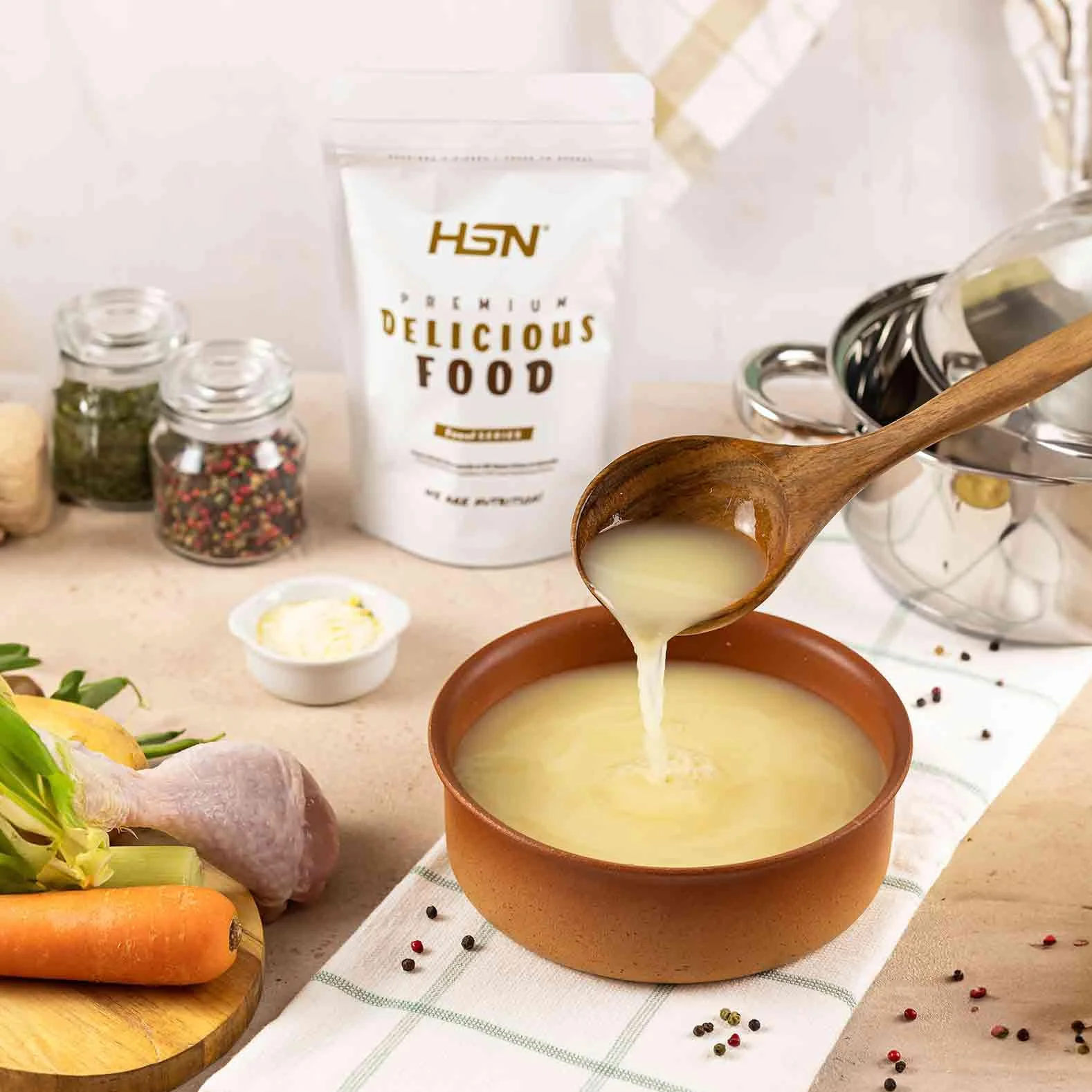 HSN Caldo de Pollo Proteico en Polvo 500g 33 Tomas Alto en Proteínas No-GMO Sin Gluten