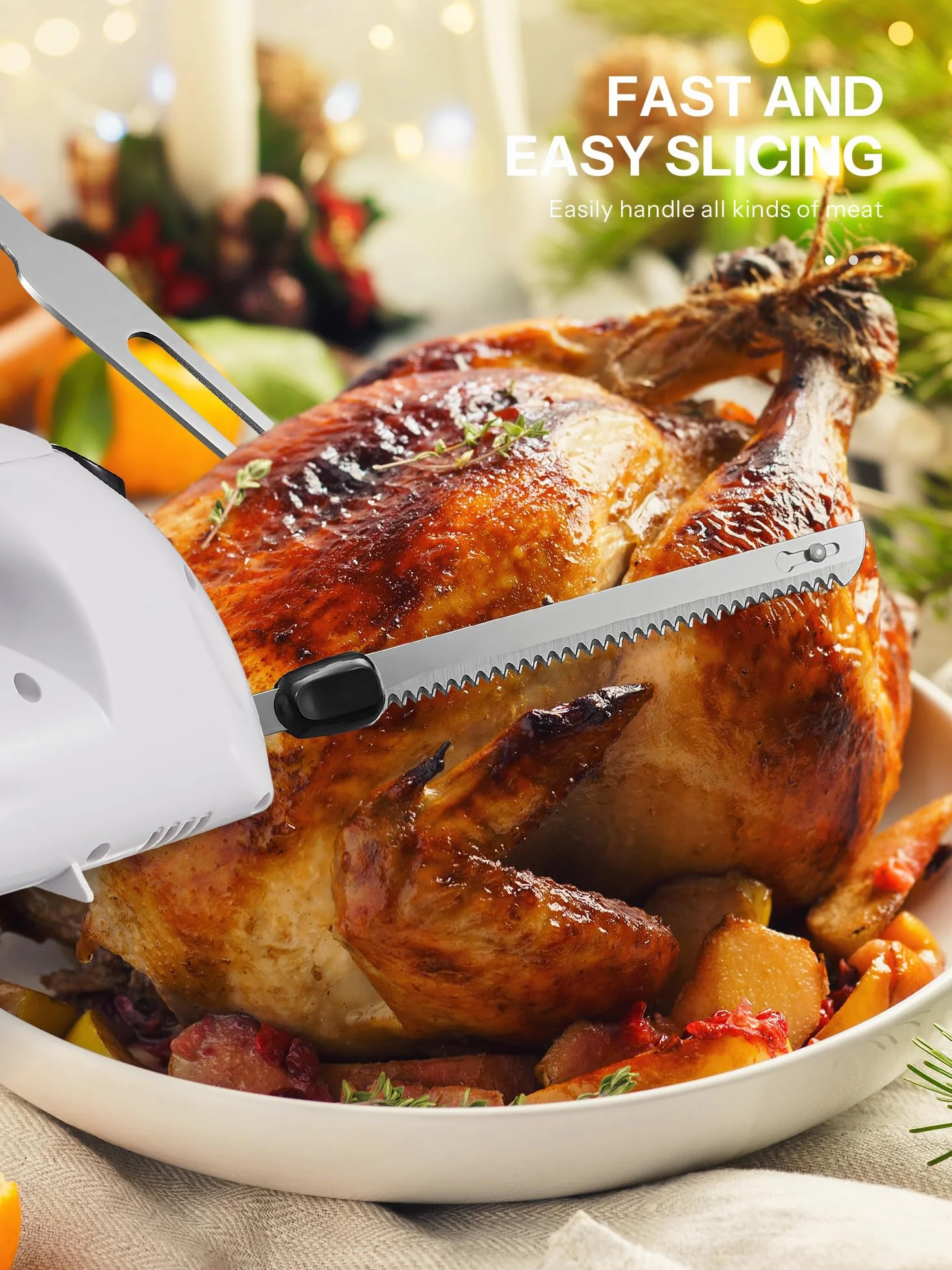 Reemix Cuchillo Eléctrico, hoja de acero inoxidable, Pan, Afilado Ondulado y Más, 2 Cuchillas para Carnes y Pan, Tenedor Incluido (blanco)