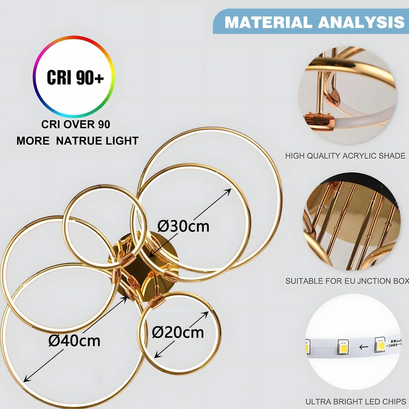 6 Anillos Redondos Lámpara De Techo Led Dorada Diseño, Candelabro De Ø105cm | 145W Regulable Forma Continua, Colgante De Electrochapa De Metal Creativo, Lámpara Moderna Para Dormitorio, Sala De Estar