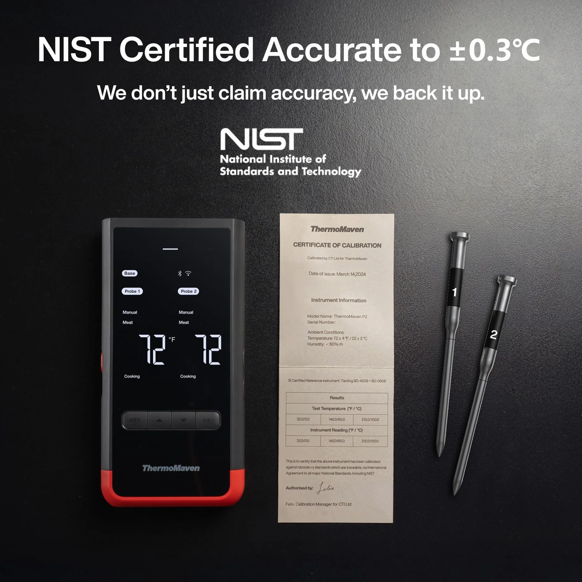 ThermoMaven P2 Termómetro de Carne Inalámbrico con WiFi y Bluetooth 5.3, 2 Sondas con 6 Sensores, Precisión ±0,3 °C, IPX8 Impermeable, Control por App, NIST y NSF, para BBQ, Horno y Ahumador, Parrilla