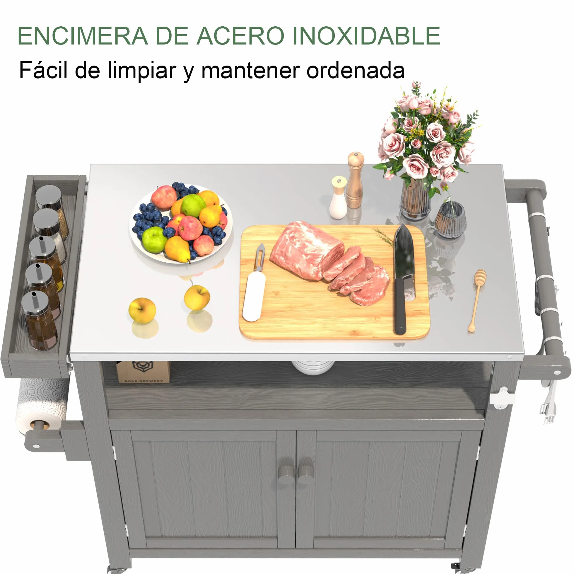Isla de Cocina Exterior HIPS Impermeable con Top de Acero Inoxidable & Armario de Almacenamiento, Mesa de Preparación Móvil con Ruedas para Preparar Comida BBQ, Carrito de Grill Exterior para Fiestas
