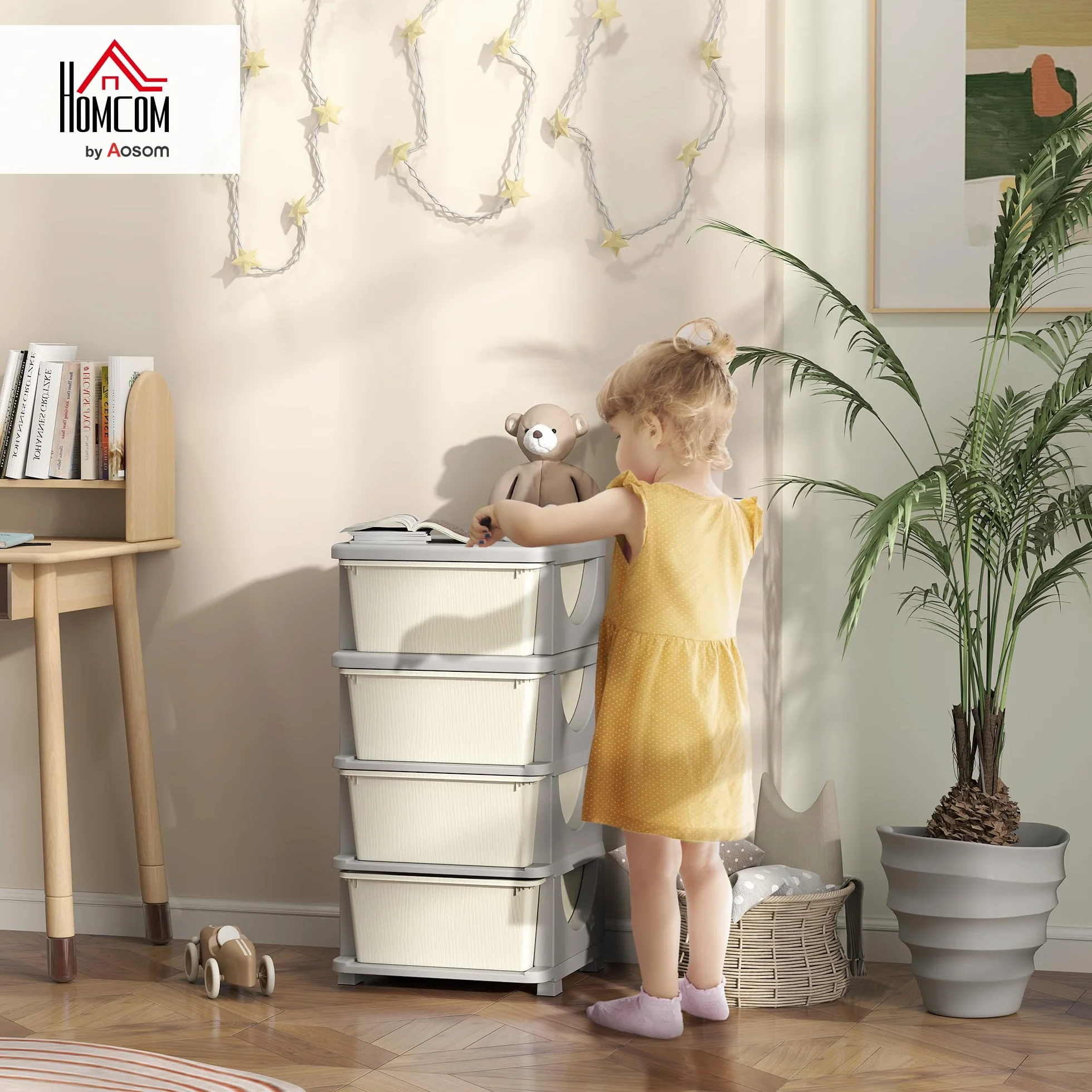 HOMCOM Torre de Almacenamiento Infantil con 4 Cajones, Organizador de Juguetes para Niños de +3 Años, con Bordes Redondeados y Asas, para Guardería, Sala de Juegos, Dormitorio, 37x37x76 cm, Crema