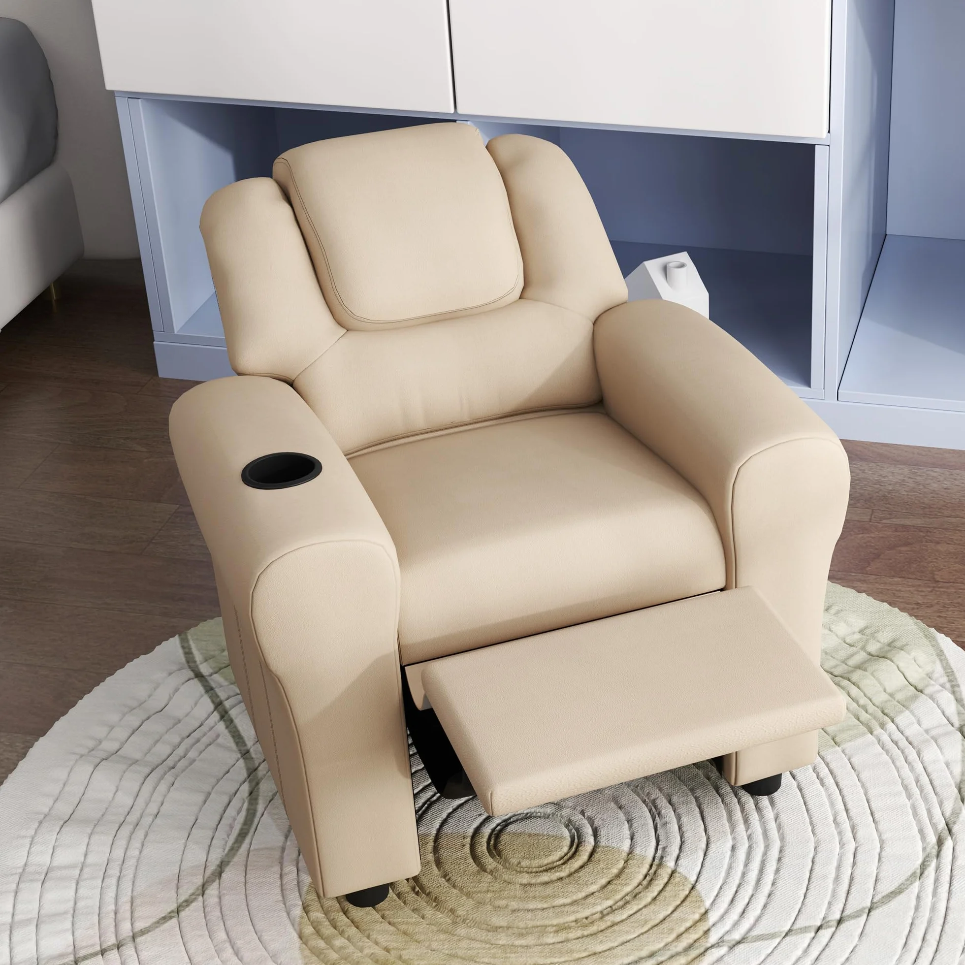 HOMCOM Sillón reclinable de piel sintética para niños con respaldo ajustable, reposapiés y portavasos, beige
