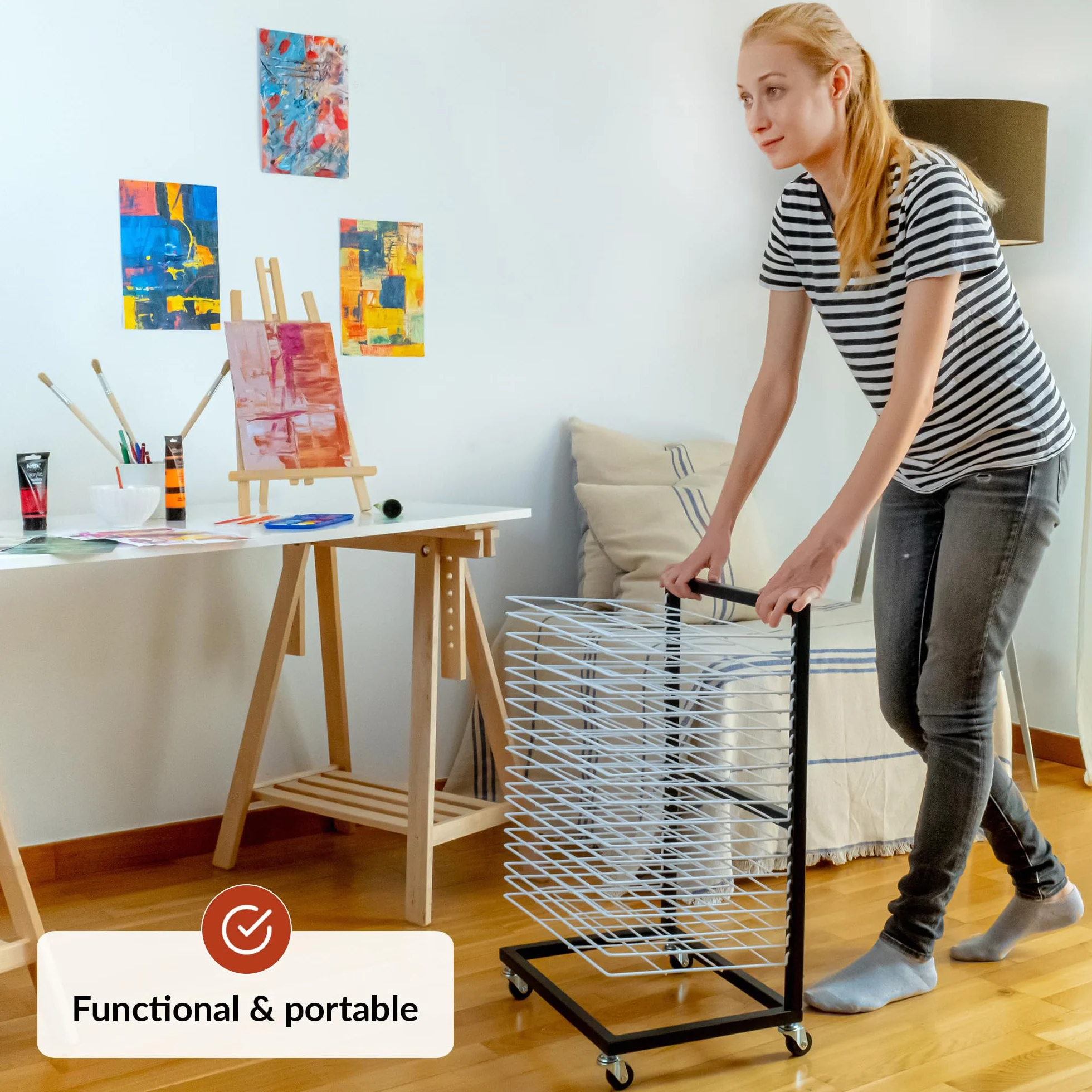ODOXIA Estante De Secado De Arte Pequeño para Aulas | Estante de Secado de Pintura Portátil y Funcional | 19 Bandejas Extraíbles | Soporte para Lienzos | con Ruedas Art Drying Rack White (Small)