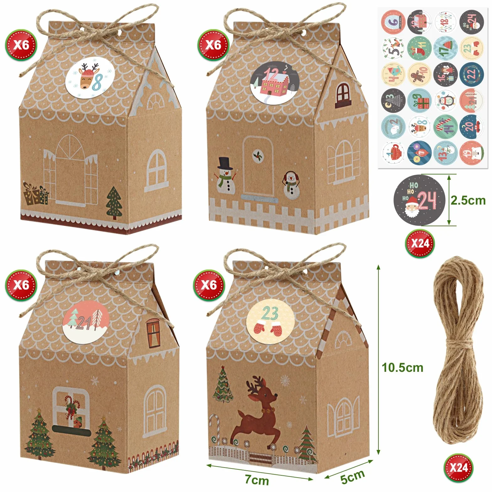Cajas de Cartón Pequeñas Kraft Navidad con Pegatinas Calendario Adviento 24 Piezas