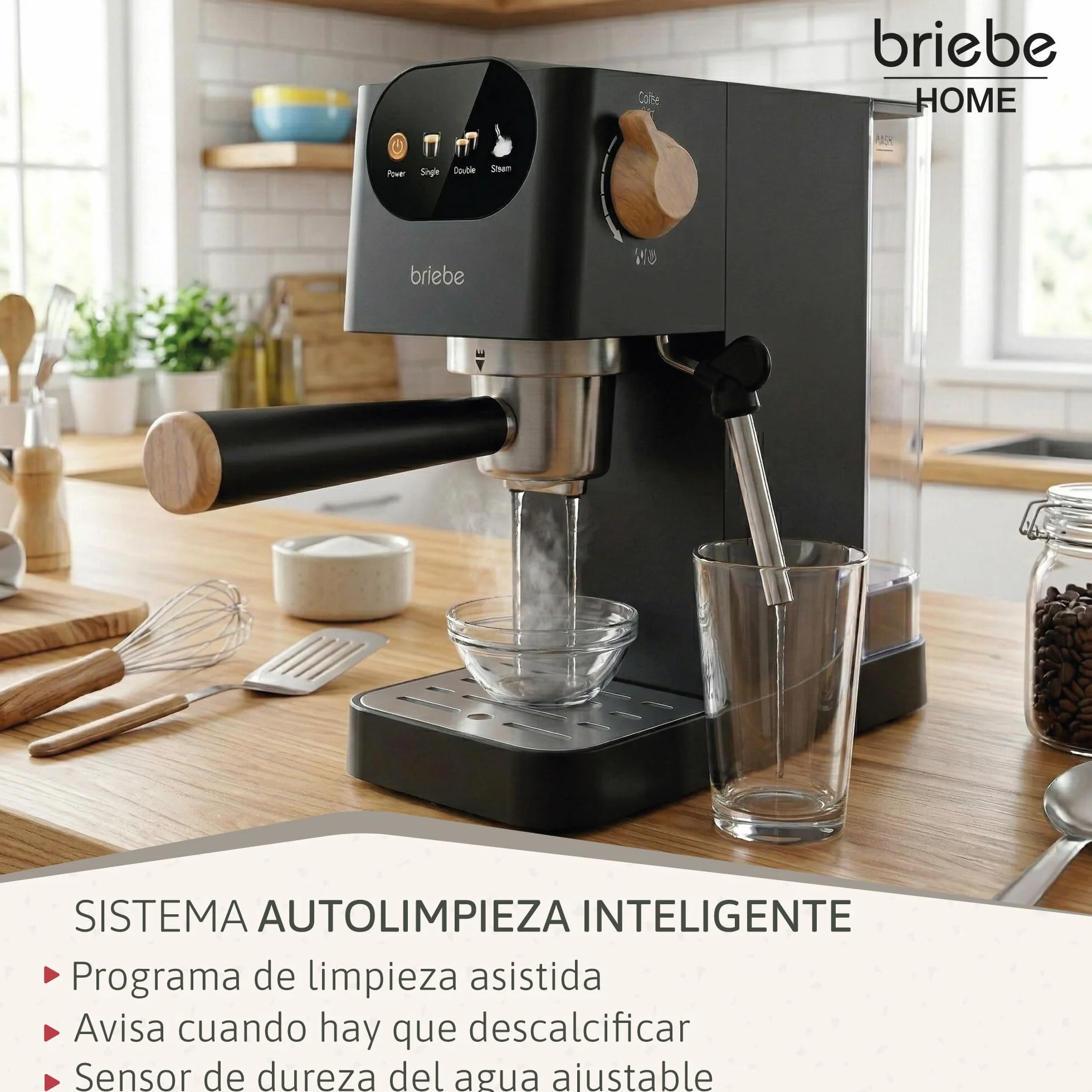 briebe Nordic Cafetera Espresso 20 Bares Compatible Cápsulas Nespresso y Café Molido, Máquina Café Semiautomática Profesional 1350W, Espumador Leche, Pantalla Táctil, 1,2L, Diseño Nórdico, Negro