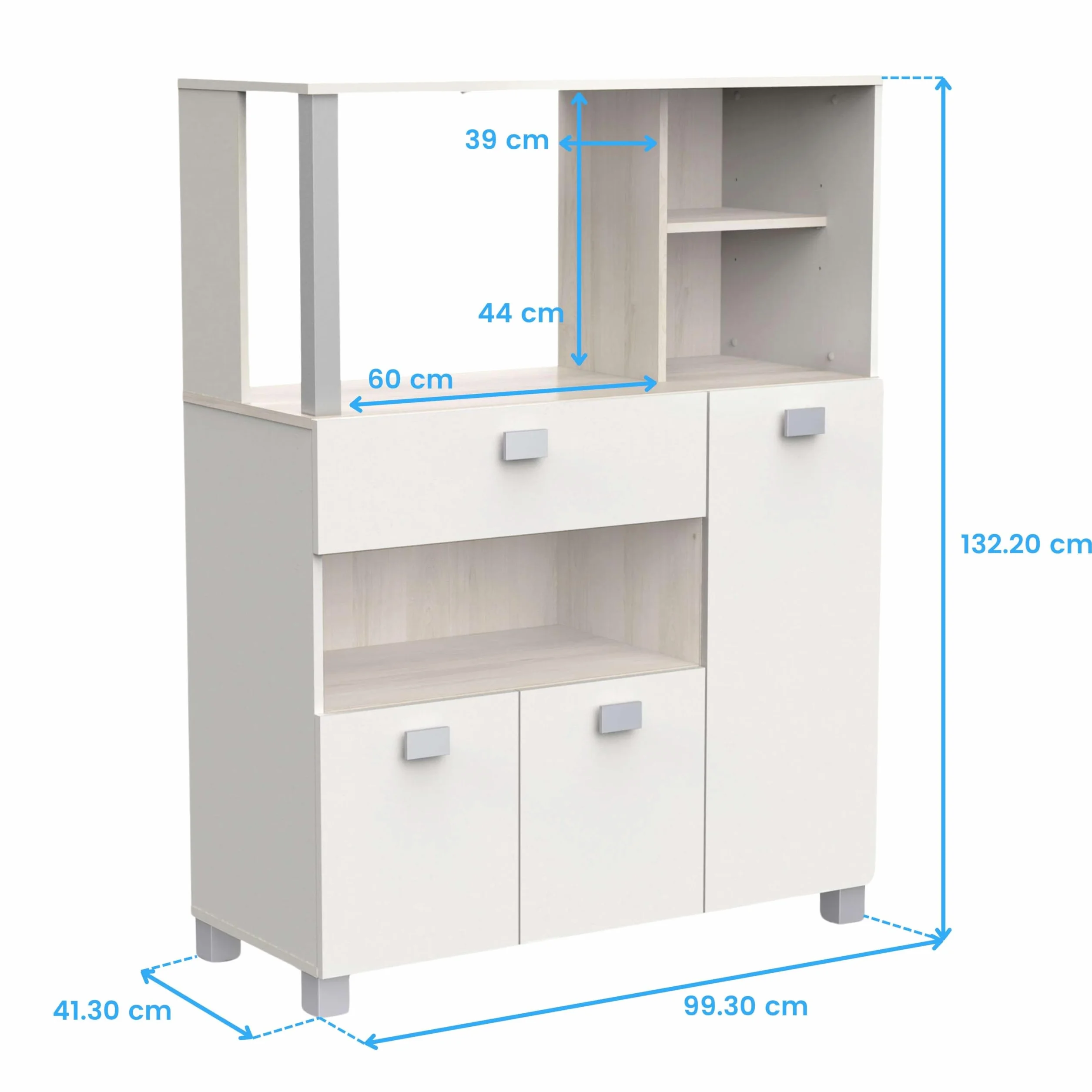 Mueble Auxiliar de Cocina de Suelo con Cajones y Compartimentos en Color Blanco Mate 132x99cm
