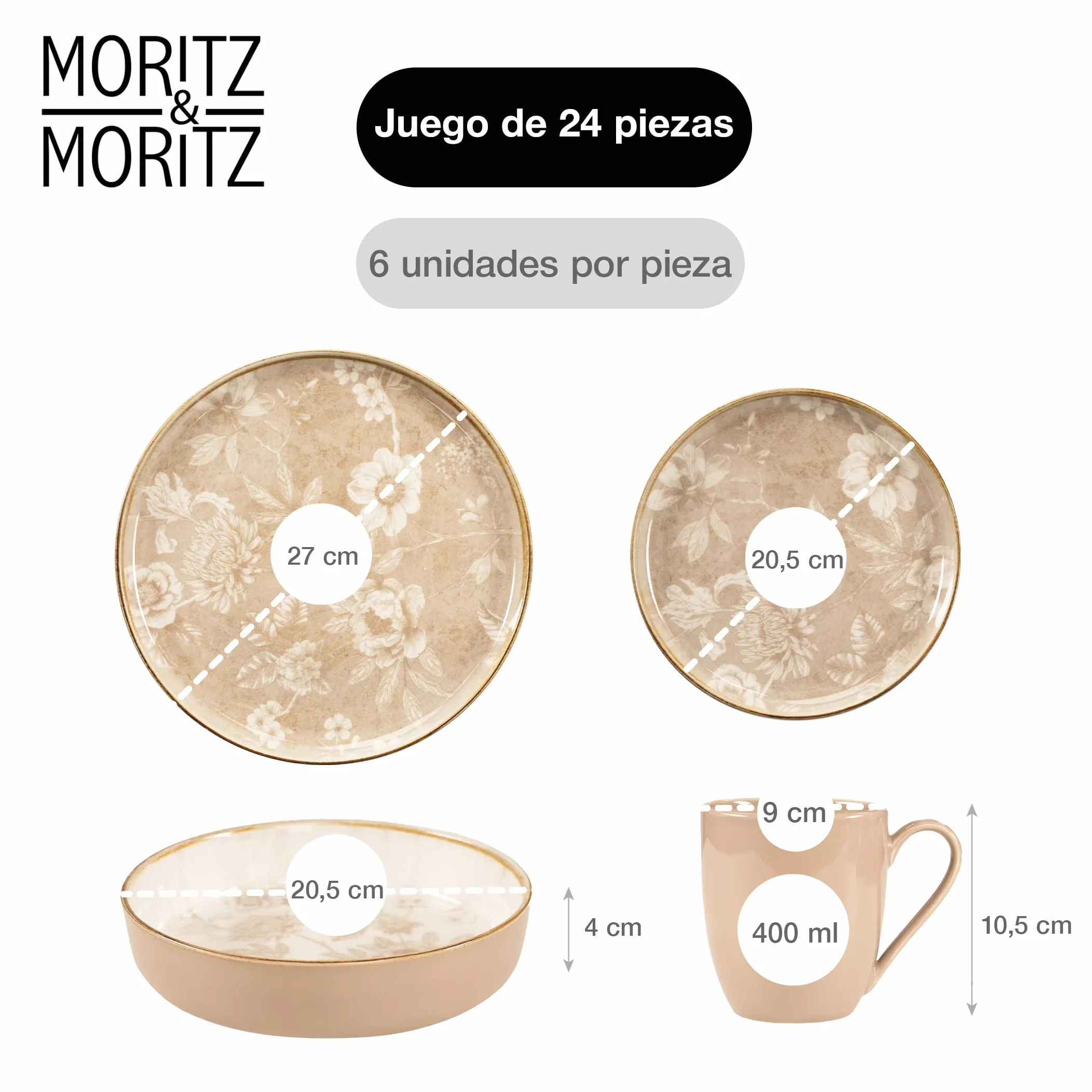 Moritz & Moritz MARIELLA - Vajilla de gres para 6 personas, 24 piezas, moderna vajilla en color beige con diseño divertido, servicio de café de fácil cuidado con platos, cuencos y tazas, vajilla