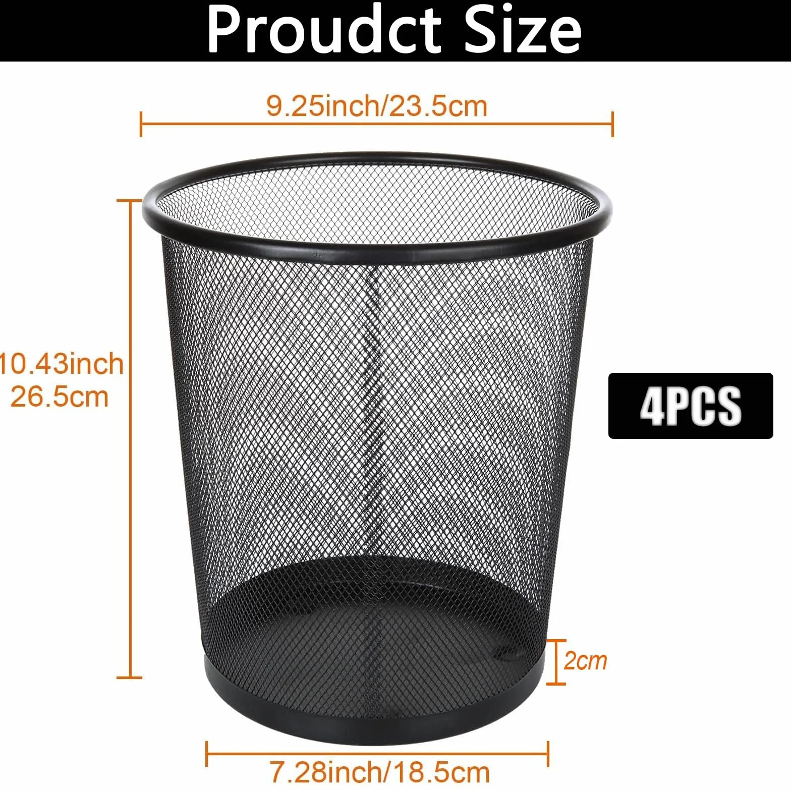 SENENQU 4 Piezas Papelera Escritorio de Malla Metálica 12L, Papelera Oficina Negra, Cubo Basura Redondo Ventilado para Baño, Dormitorio y Mesa de Trabajo, 26,5 x 23,5 cm