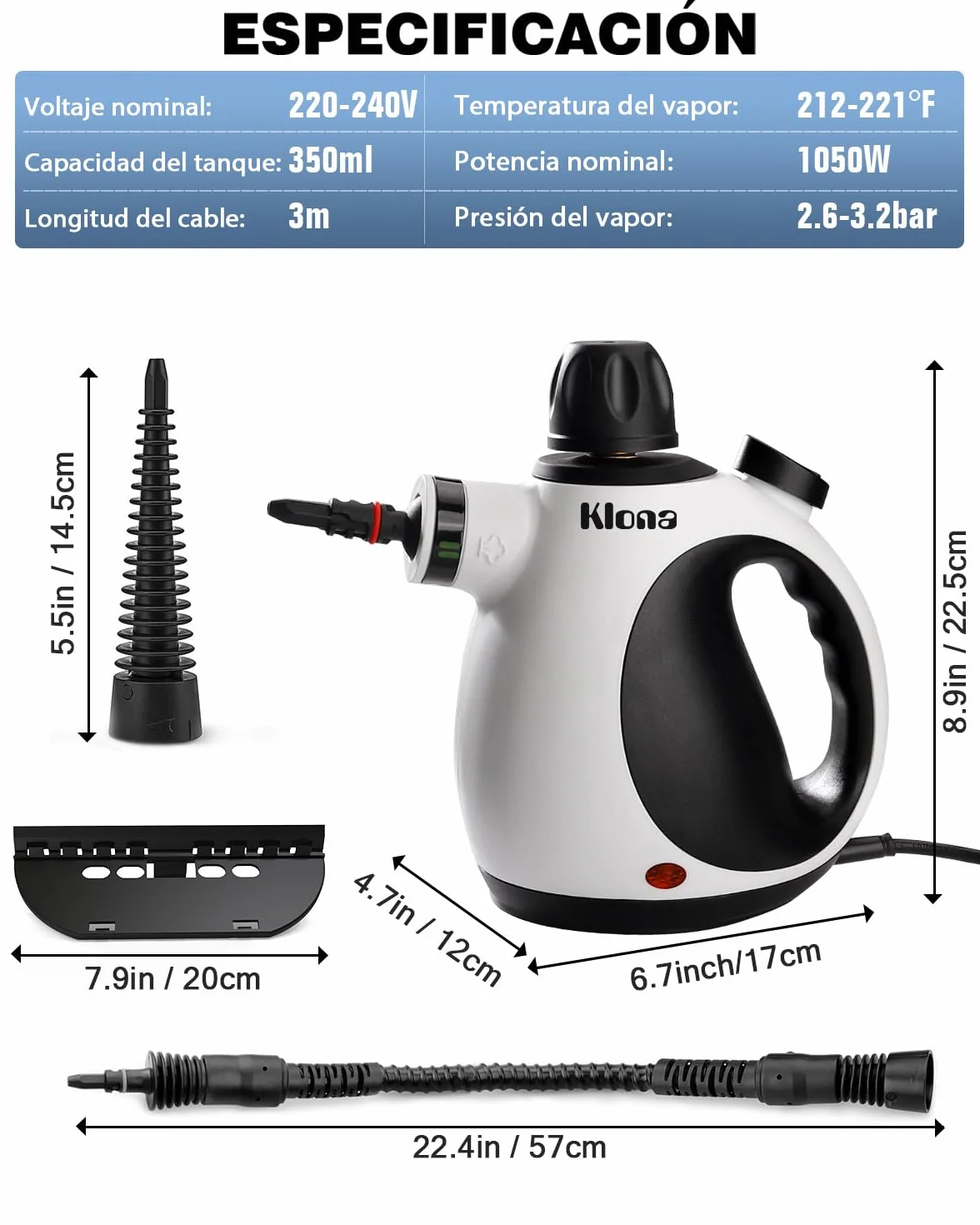 KLONA Limpiador a vapor de mano multiusos con 10 accesorios para alfombras, cortinas, sofás