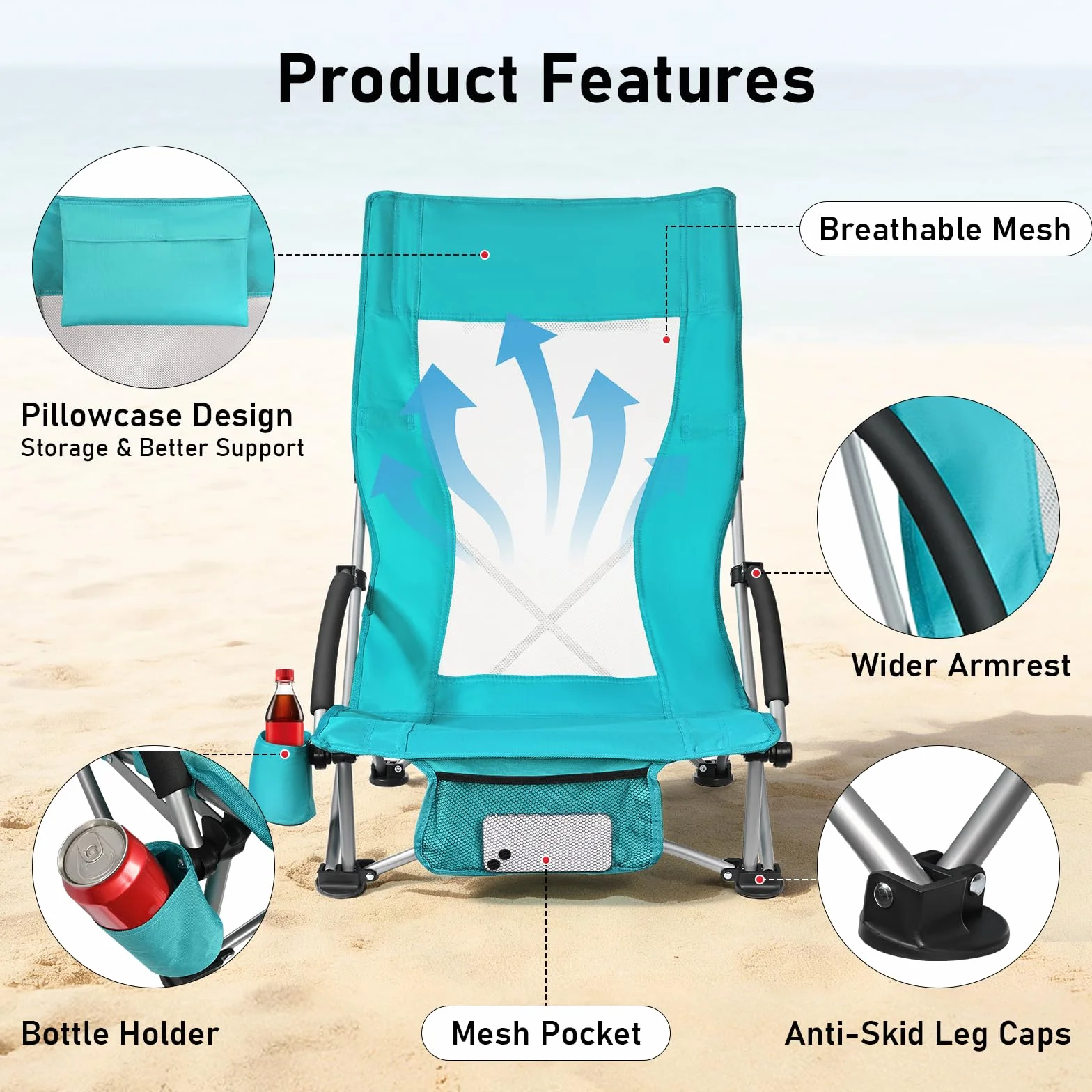 WildFun Silla de playa plegable baja, ligera y portátil, con respaldo alto, soporte para bebidas, soporta hasta 180 kg, para viajes, exteriores, barbacoas, pícnic, festivales (1 unidad, azul)