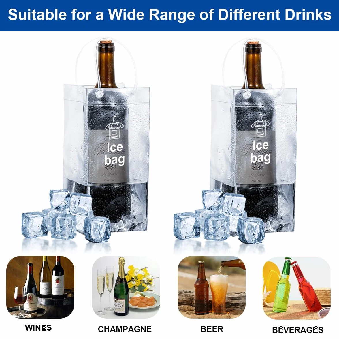 Bolsas Para Hielo PVC 2 Piezas Ice Bag Plegable Transparente para Vino Cerveza Bebidas