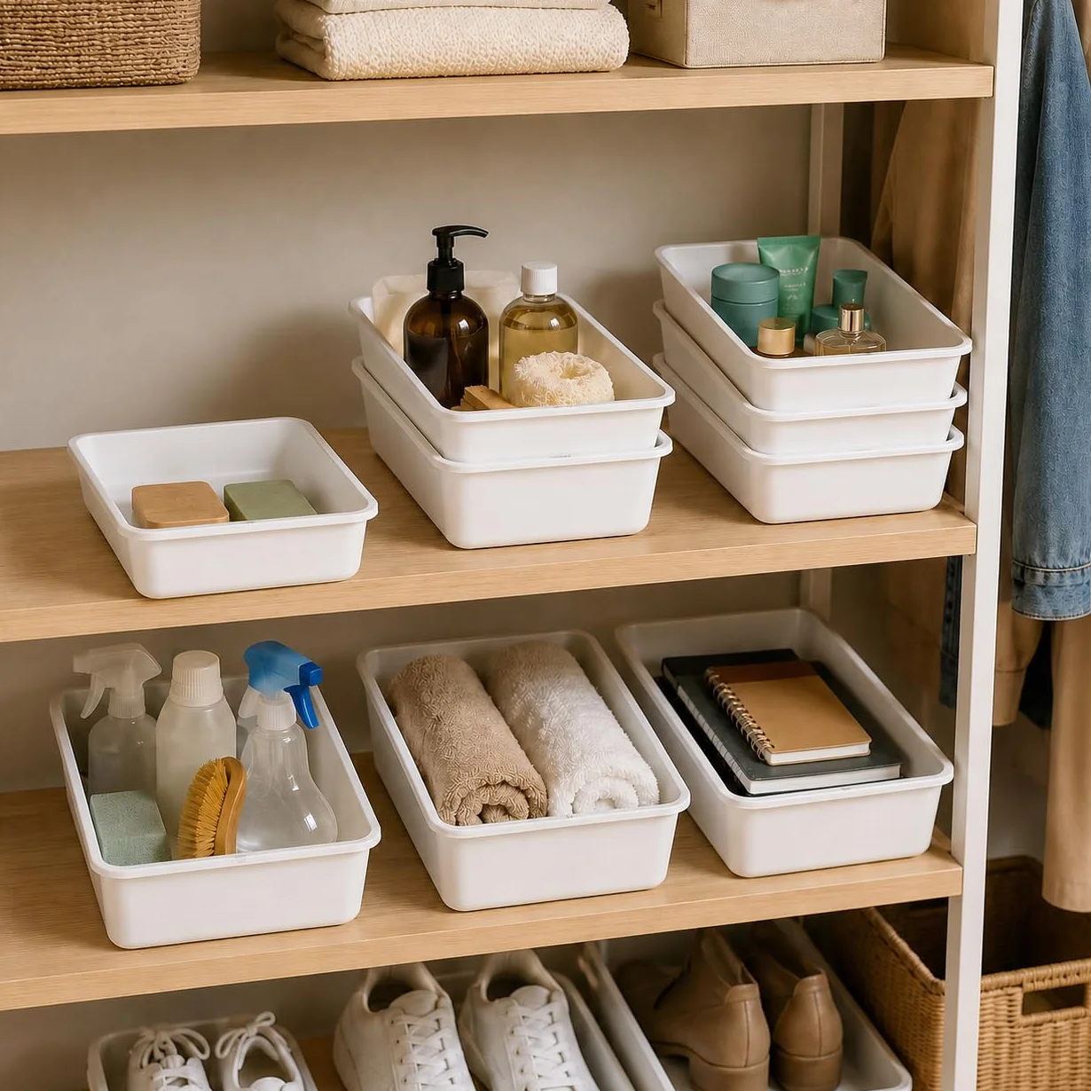 COM-FORT HOUSE Bandejas de Plástico Rectangulares Blanco, Pack 3, 34,5x23x7 cm, Organizador Multiusos para Cocina, Nevera, Baño y Almacenaje