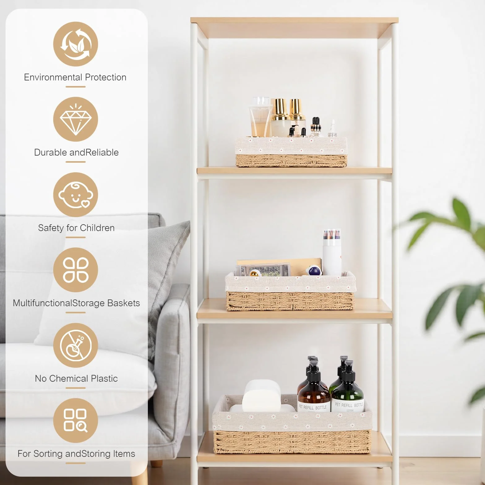FoiiLiio Cestas de Almacenamiento Trenzadas Juego de 3, Cesta de Almacenamiento de Juguetes Cesta de baño Cambiador Trenzado cesta organizadora Cesta de la Habitación de los Niños (Beige)