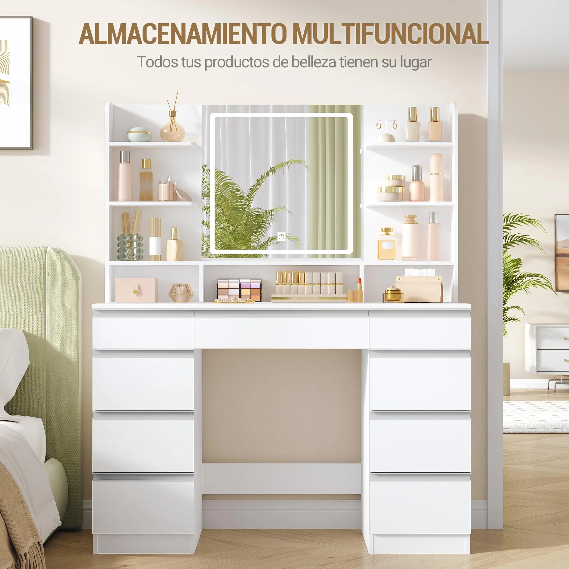 Tocador Grande con Iluminación LED, 3 Colores, Brillo Ajustable, Mesa de Maquillaje con Espejo, 9 Cajones, Estilo Moderno, Blanca-Plata