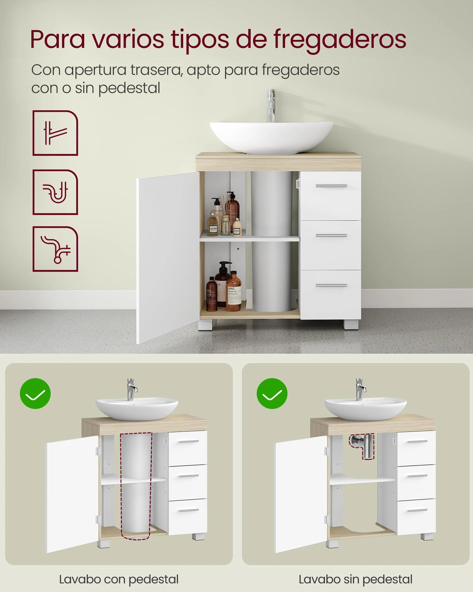 VASAGLE Armario de Baño 3 Cajones 30 x 60 x 64 cm Blanco Nube Beige Natural