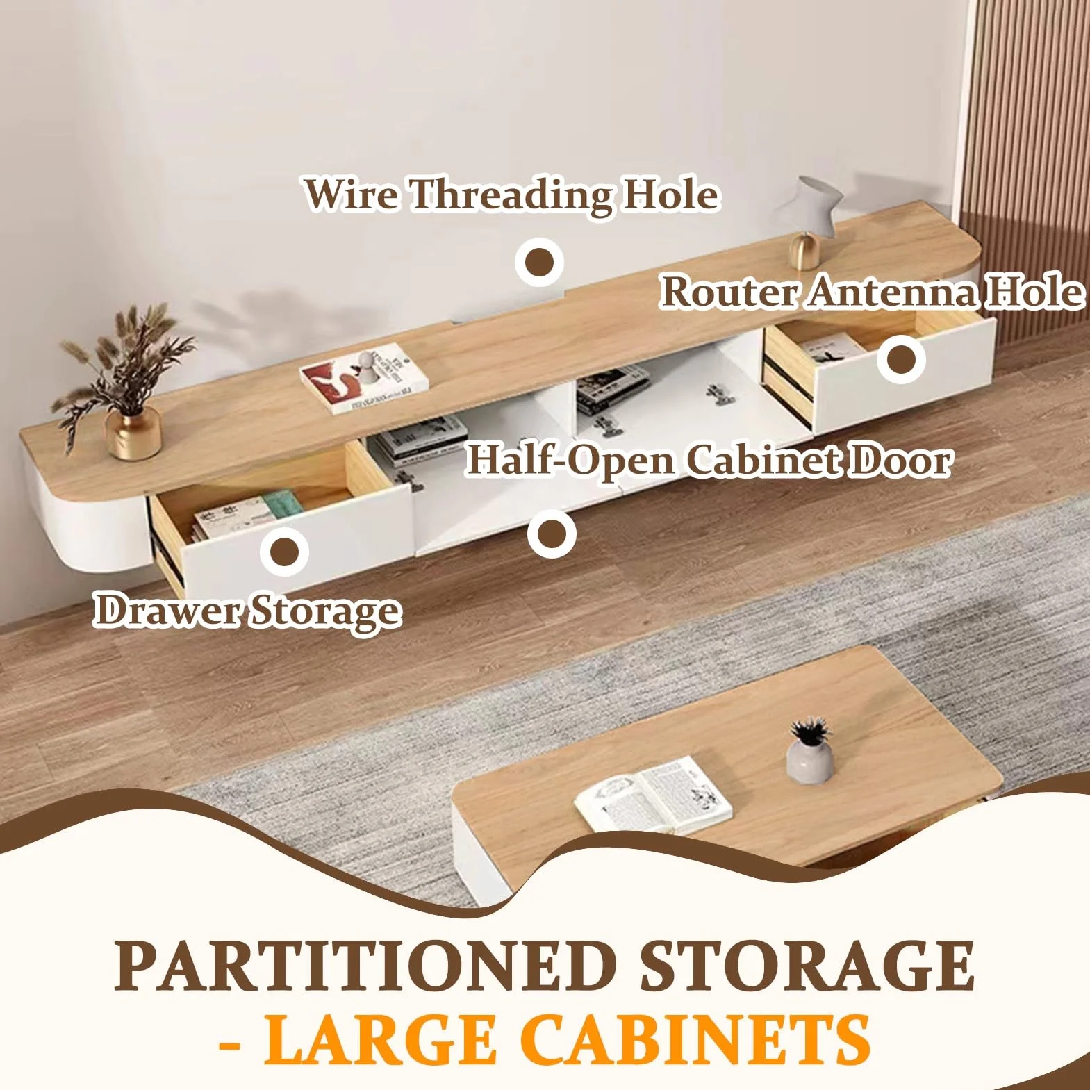 Armario de almacenamiento de TV montado en la pared con puerta, banco grande de almacenamiento para sala de estar y oficina, moderno mueble de TV flotante con cajón, elegante armario de TV para