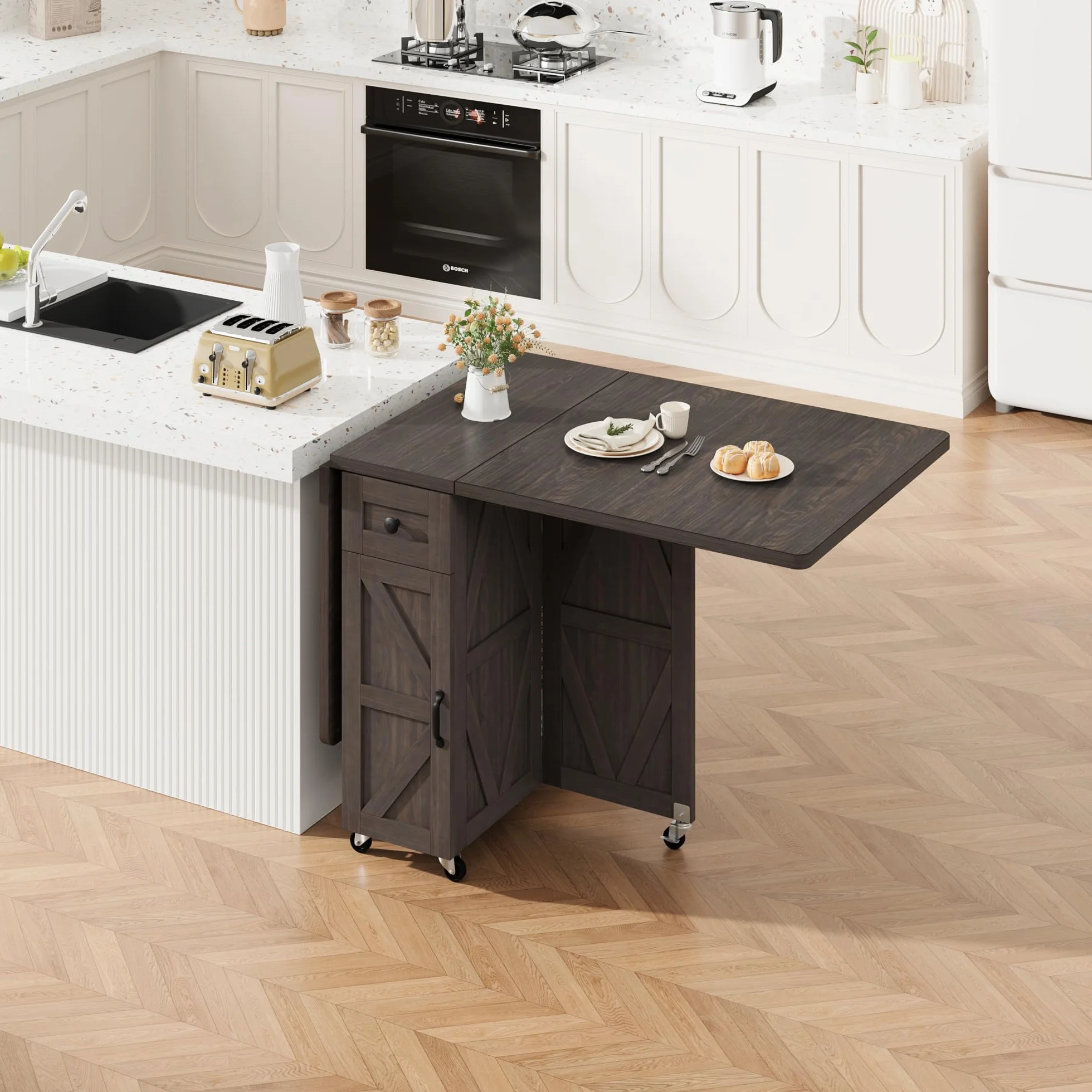 Jocoevol Mesa De Comedor Plegable con Ruedas, Mesa De Cocina con 1 Cajón Y 2 Áreas De Almacenamiento, Adecuada para 2-4 Personnas, para Espacios Pequeños, Comedor Y Cocina (Nogal Oscuro)