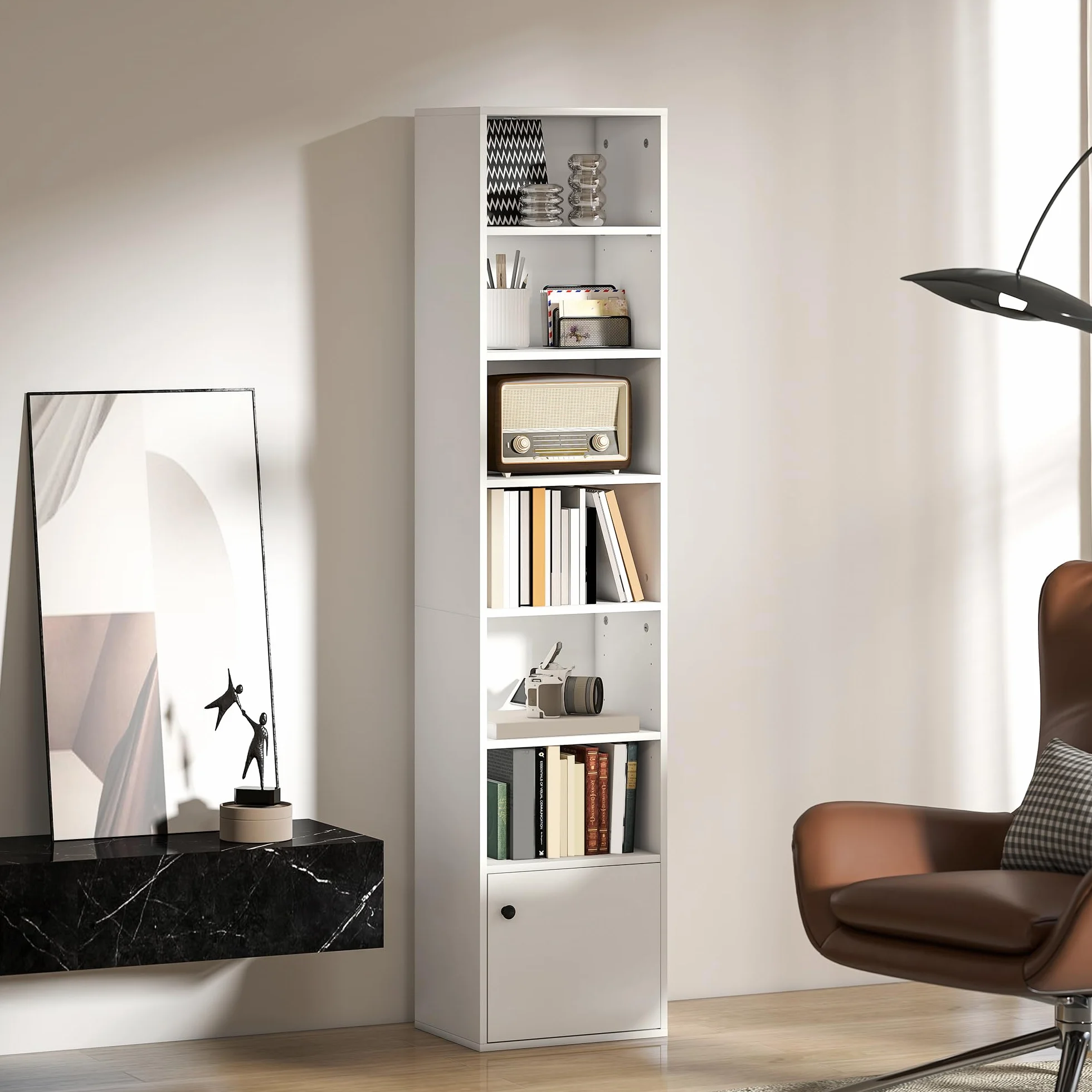 HOMCOM Librería de 7 Niveles, Estantería para Libros con Estantes Ajustables y Puerta, Estantería Moderna, 40x30x180 cm, para Salón, Dormitorio, Estudio, Oficina, Blanco