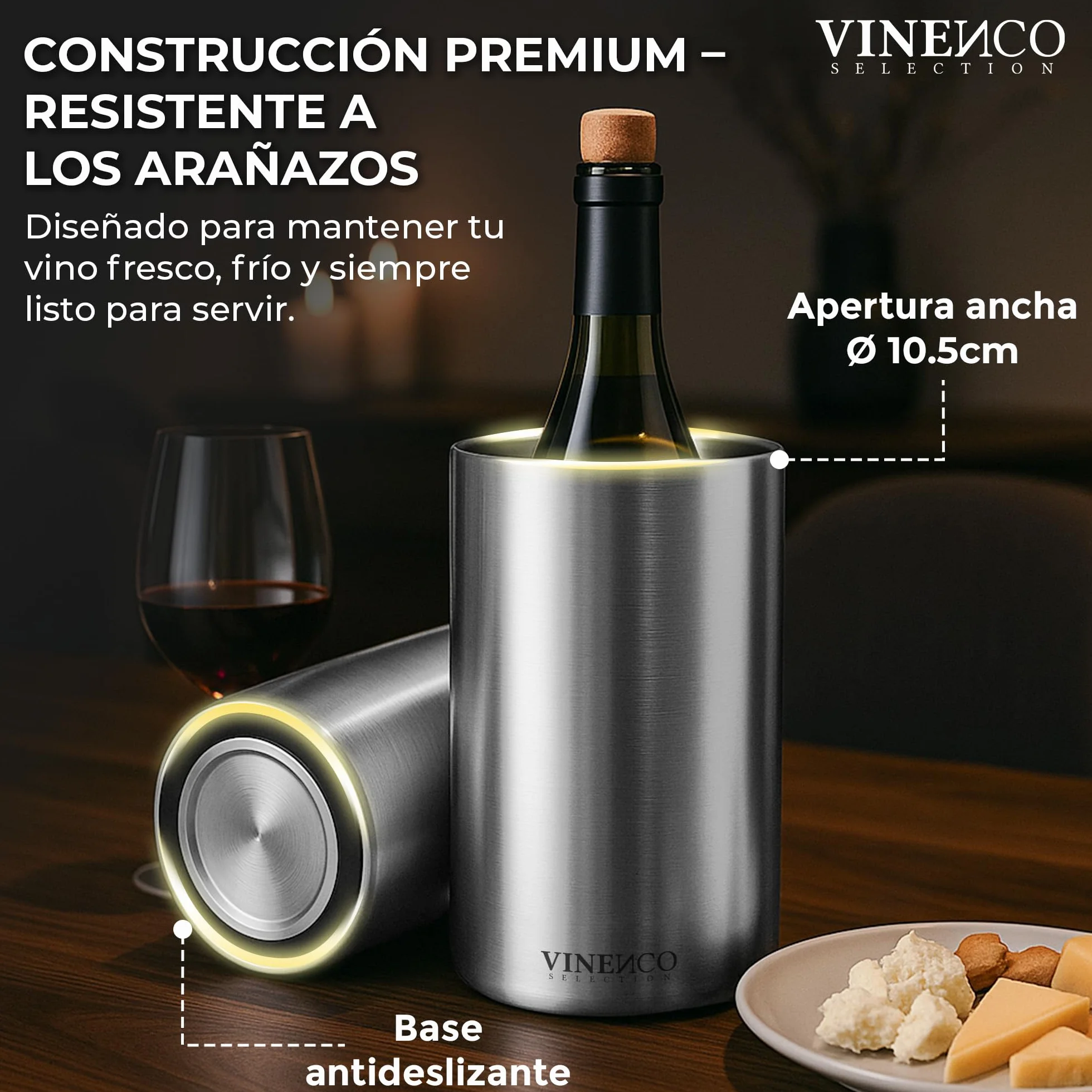 VINENCO Enfriador de Botellas de Vino Acero Inoxidable Doble Pared Aislado | Cubitera de Vino Champan y Bebidas | Set de Regalo para Hombres y Mujeres Accesorios de Vino Idea de Regalo Navidad