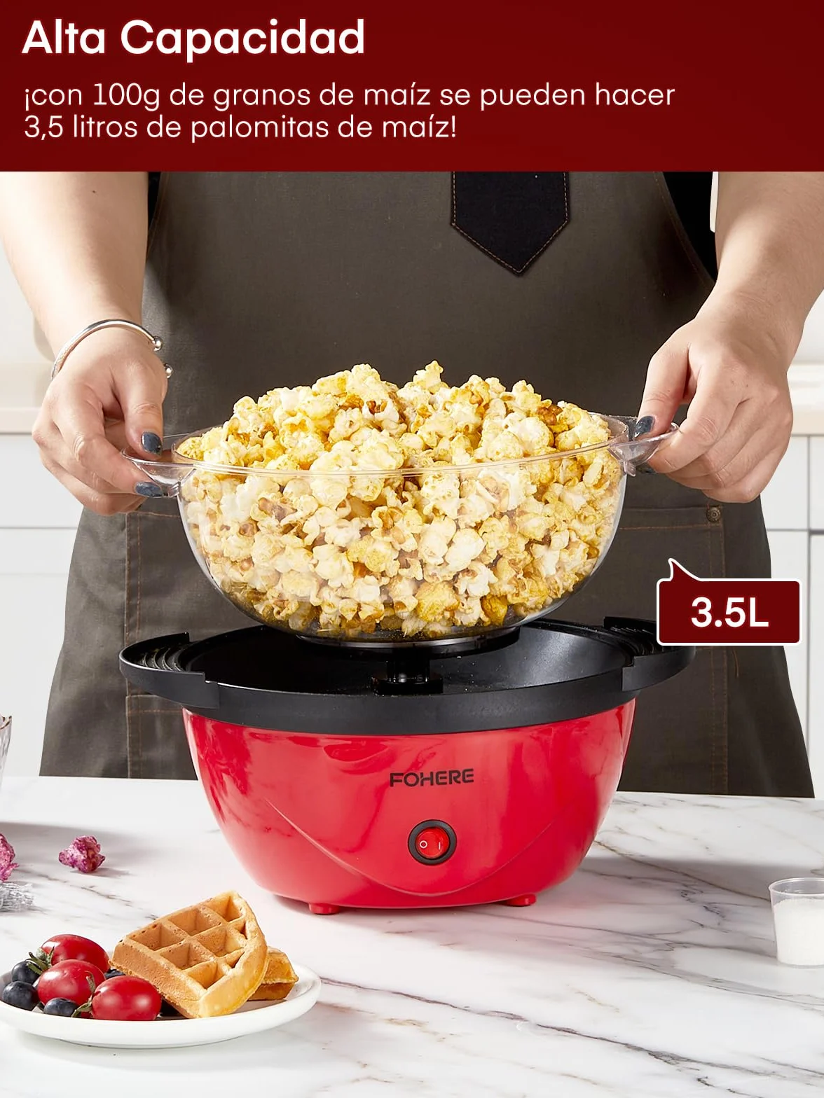 FOHERE Máquina de Palomitas Casera 3,5 Litros Antiadherente Agitación Automática
