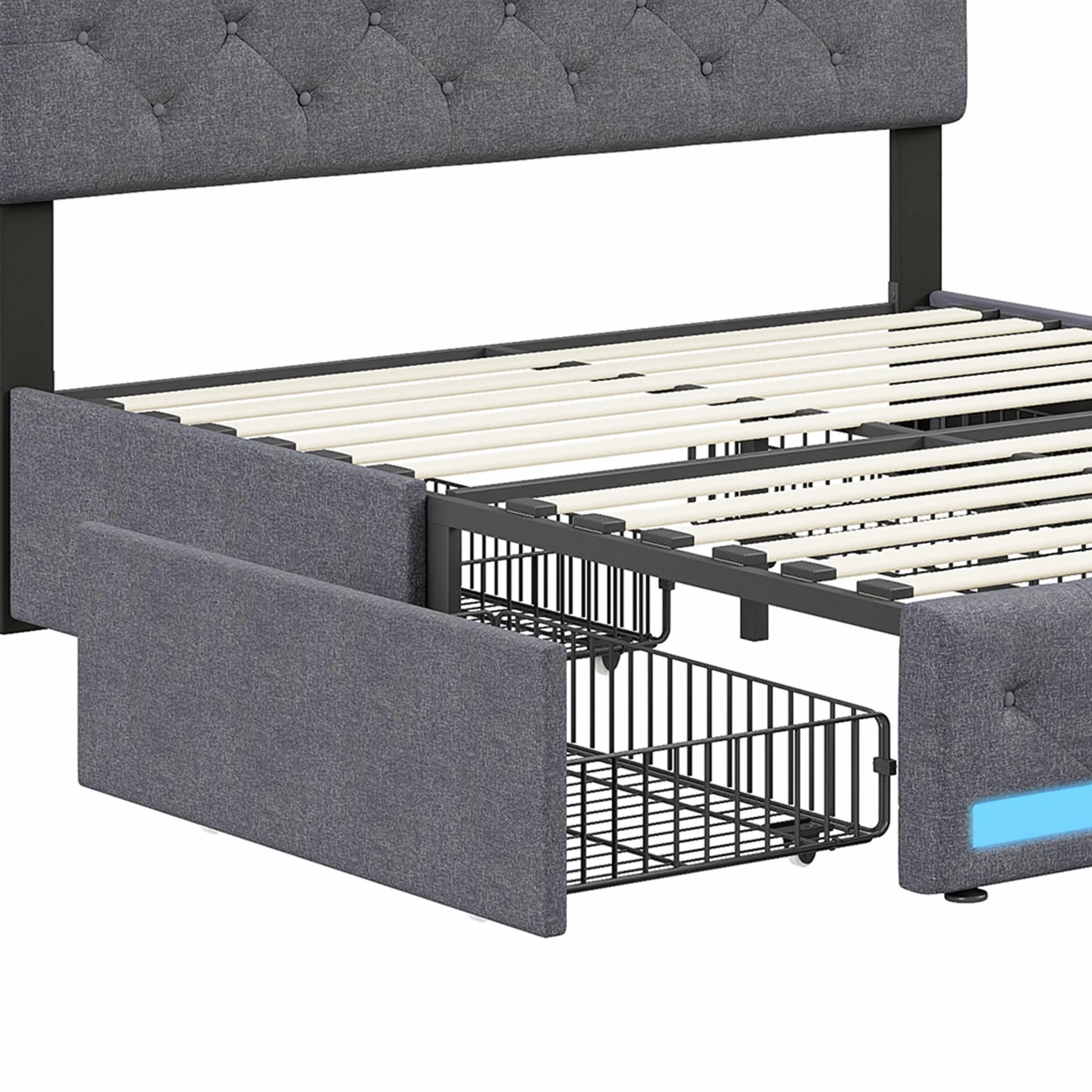 KeepGoon Cama Doble de 180 x 200 cm, Cama Acolchada con 4 cajones de Hierro, Largo Puerto USB y Barra para lámpara de Noche, Cama de Almacenamiento, con somier, Tela de Lino, cabecero Ajustable