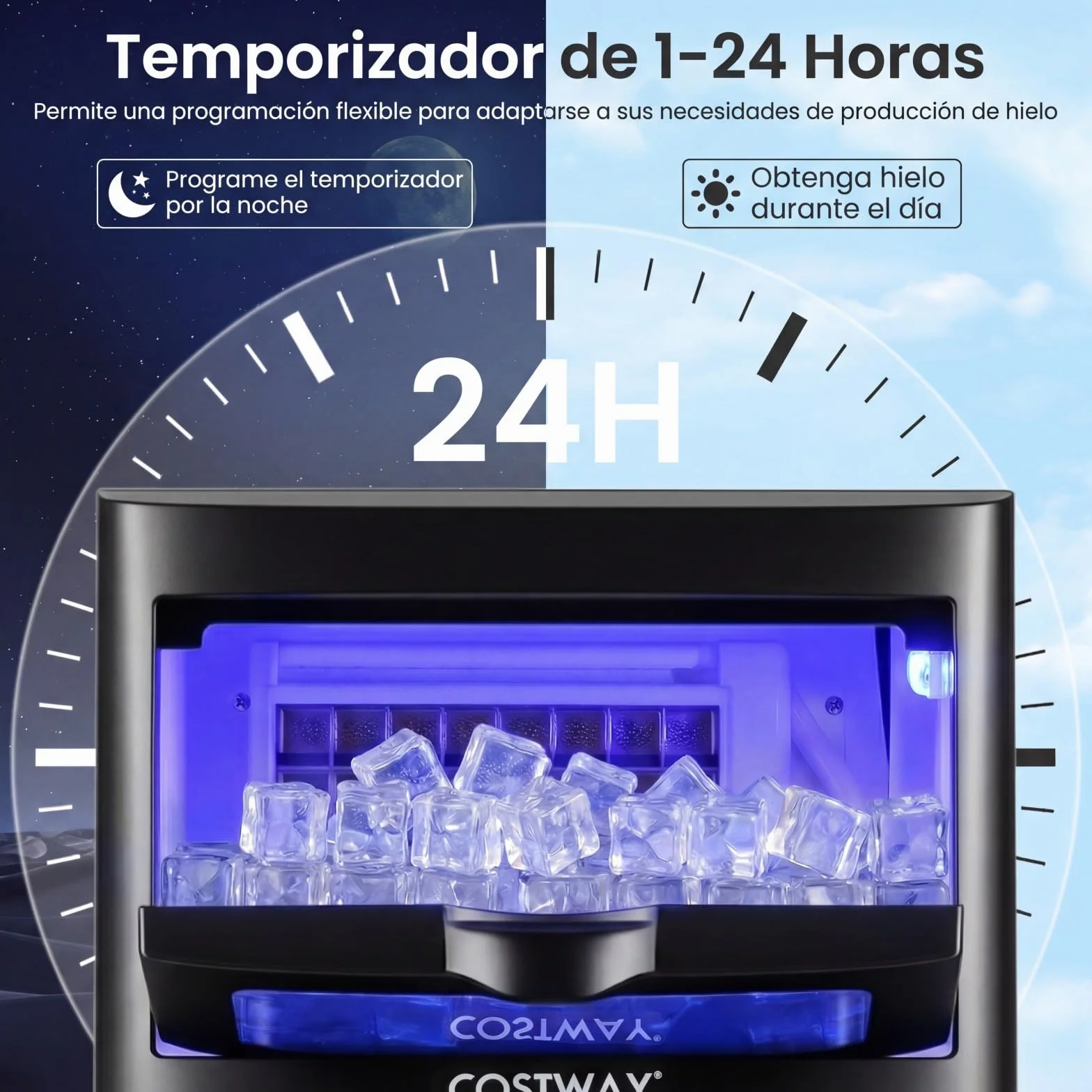 COSTWAY Maquina de Hielo Comercial, 25-30 kg/24H, 24 Cubos en 15-17 Minutos, Maquina de Hacer Hielo, Ice Maker de Acero Inoxidable con Autolimpieza, 34,4 x 35,6 x 62,3 cm