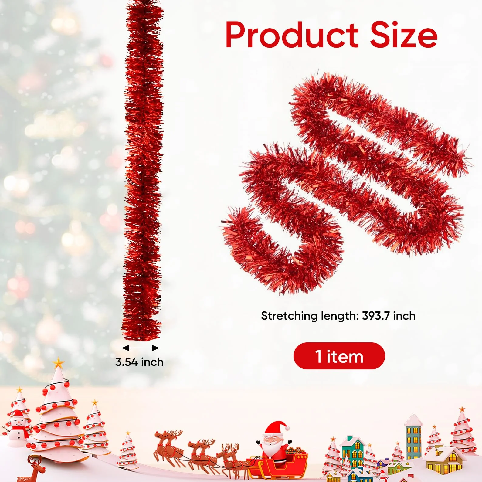 10 m de espumillón para árbol de Navidad rojo, guirnalda de Navidad, decoración de árbol de Navidad, guirnalda roja para árbol de Navidad, decoración navideña para exteriores (rojo)