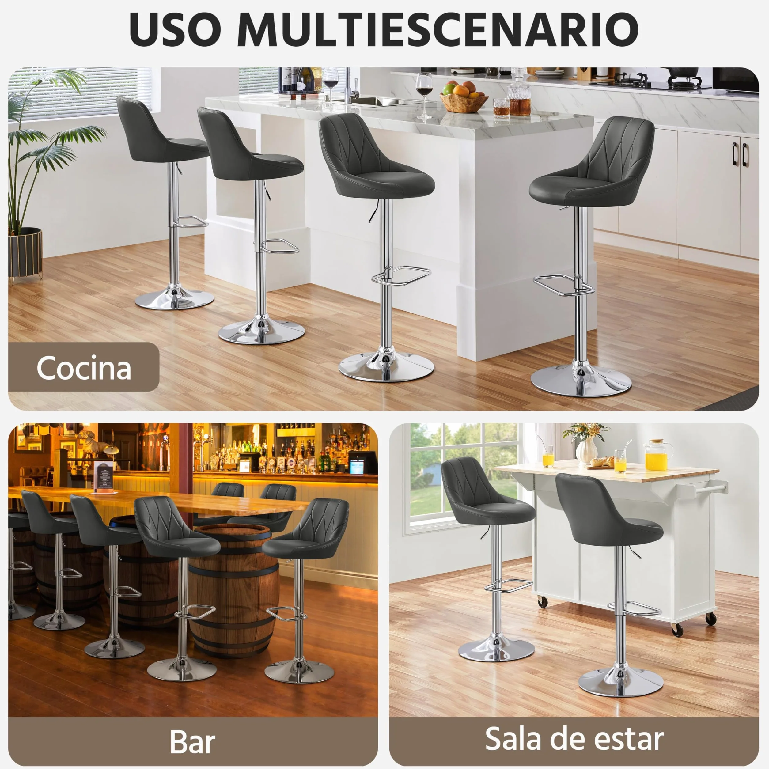 Yaheetech Juego de 2 Taburetes de Bar Ajustables 86-107,5 cm Asiento Giratorio Gris Oscuro