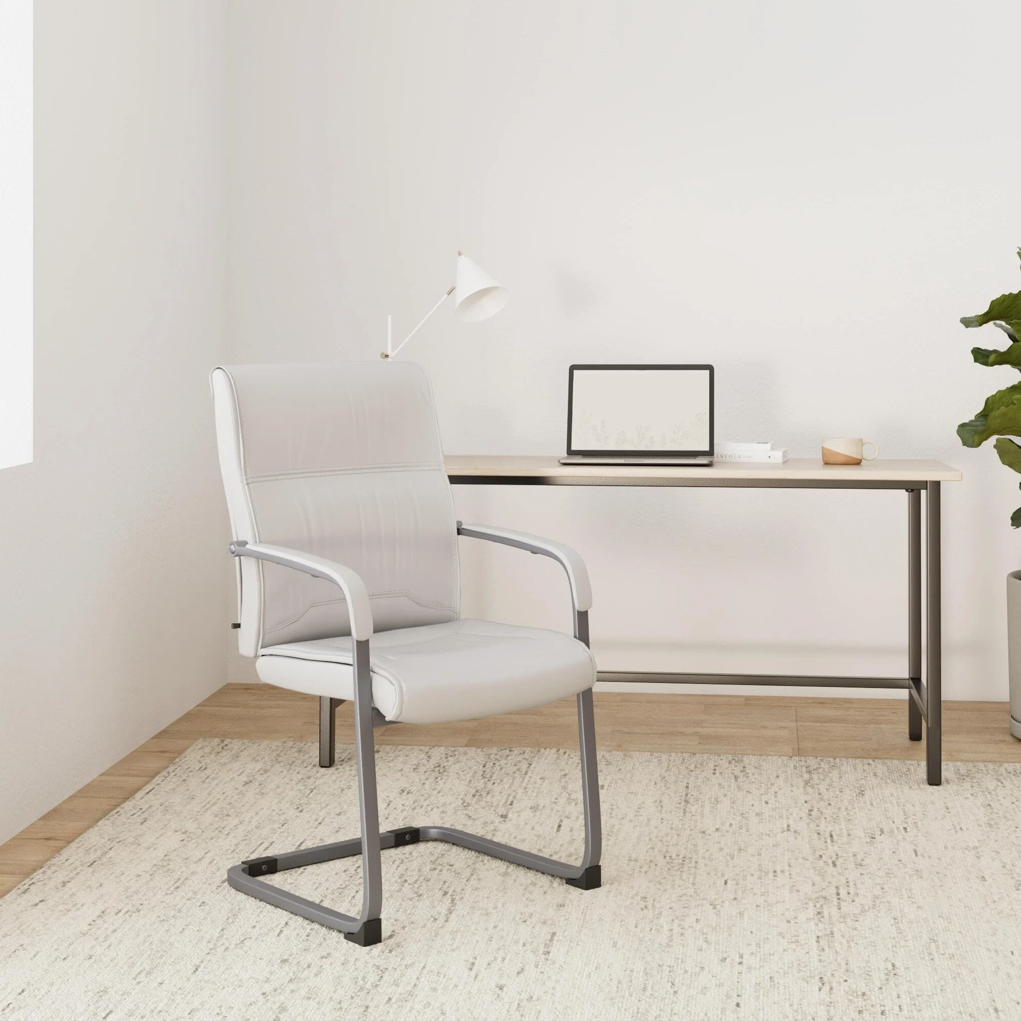 CLP Silla De Conferencia Anubis En Polipiel I Silla De Oficina En Estilo Cantiléver, con Reposabrazos & Base Metálica, Color:Blanco