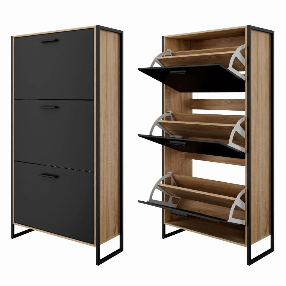 CASABEL, Mueble para Calzado Industrial (18 Pares), Armario para Zapatos, Almacenamiento de Entrada, Gran Capacidad, Ahorro de Espacio, Entrada Pasillo, Puertas Negras, Marco Madera Clara, Empresa