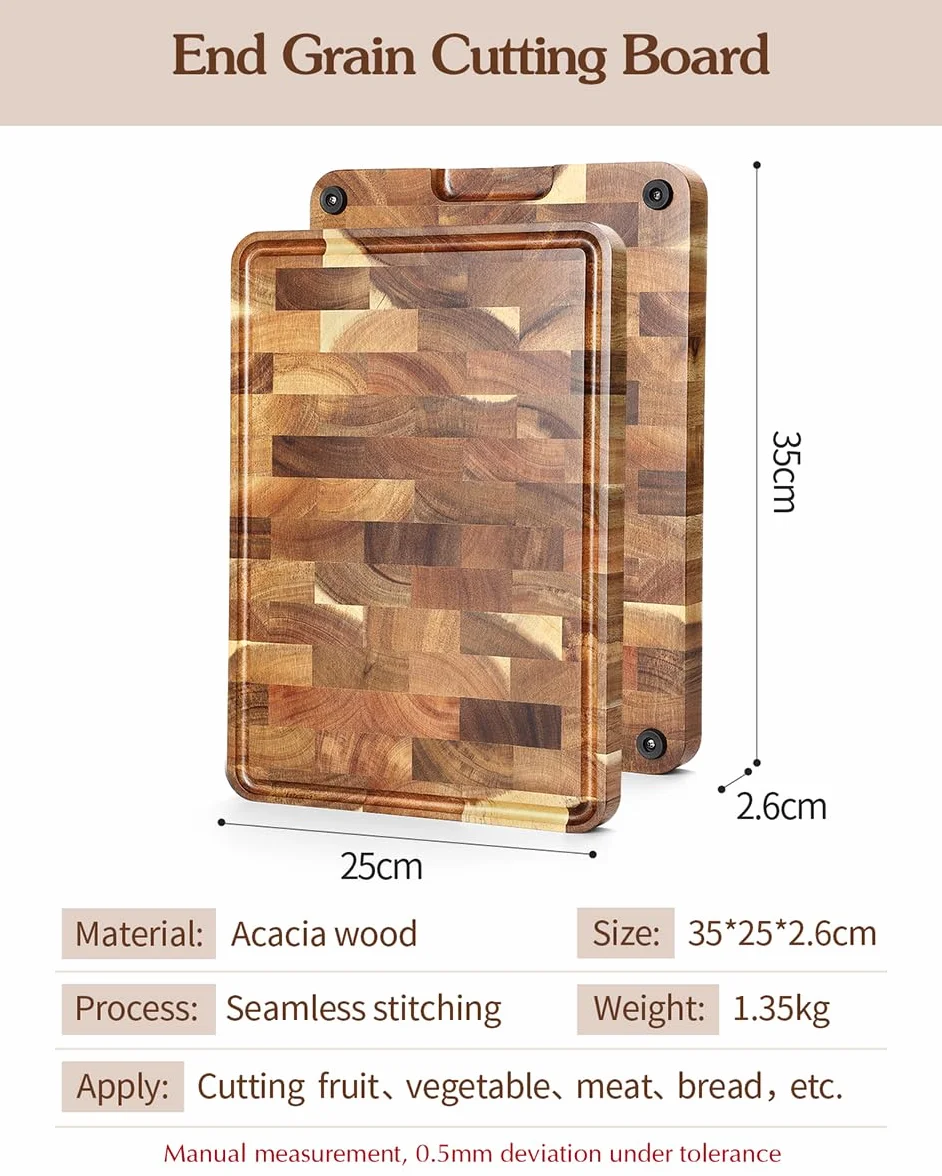 XINZUO Tabla de Cortar de Madera de Acacia- (35x25x2.6cm) Tabla de Cortar Cocina Hecha a Mano Trinchar Tabla de Carne- con Patas Antideslizantes, Asas Laterales y Ranura para Jugos