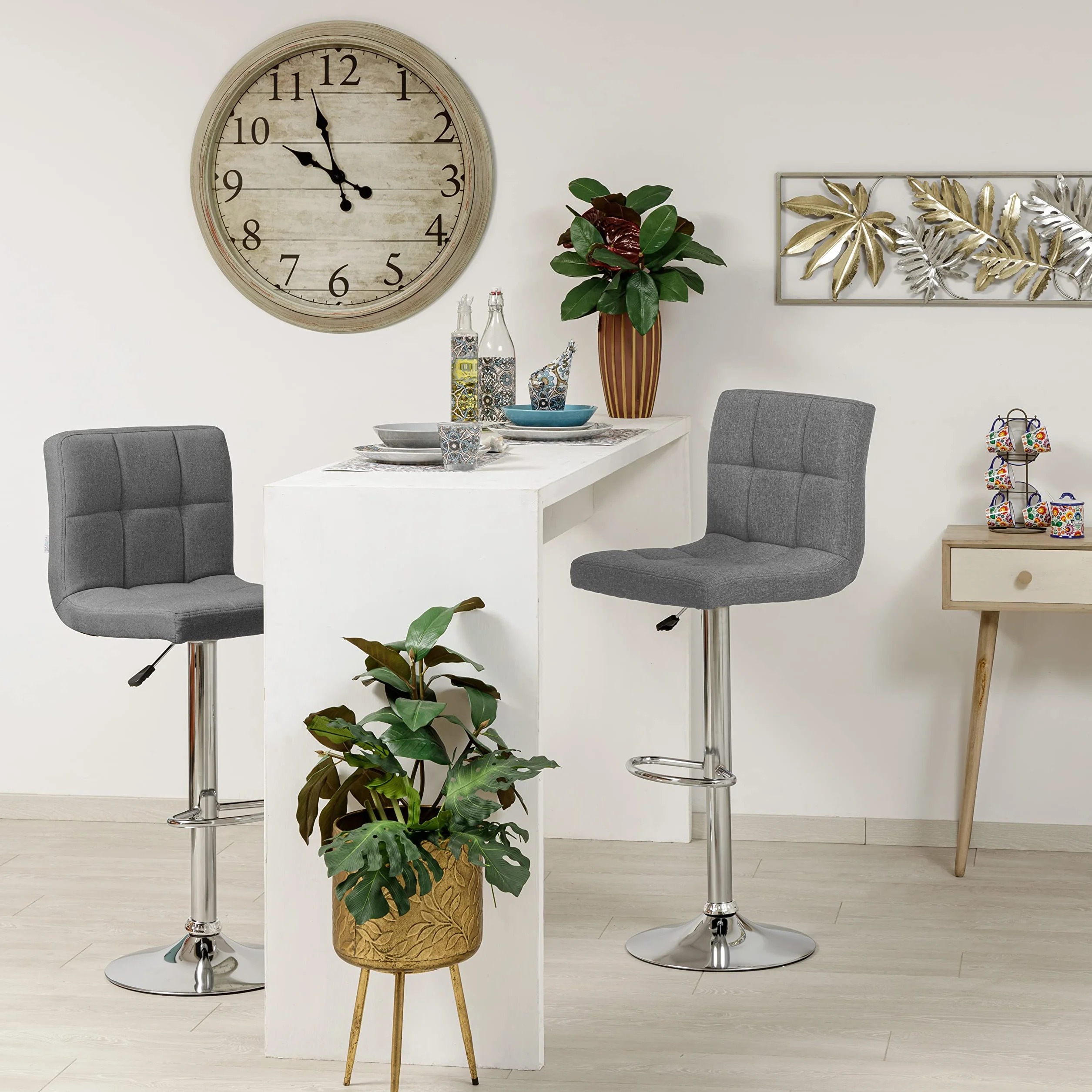 Baroni Home Taburetes de Bar Ajustables Giratorios 360° con Respaldo, Acero Cromado Gris