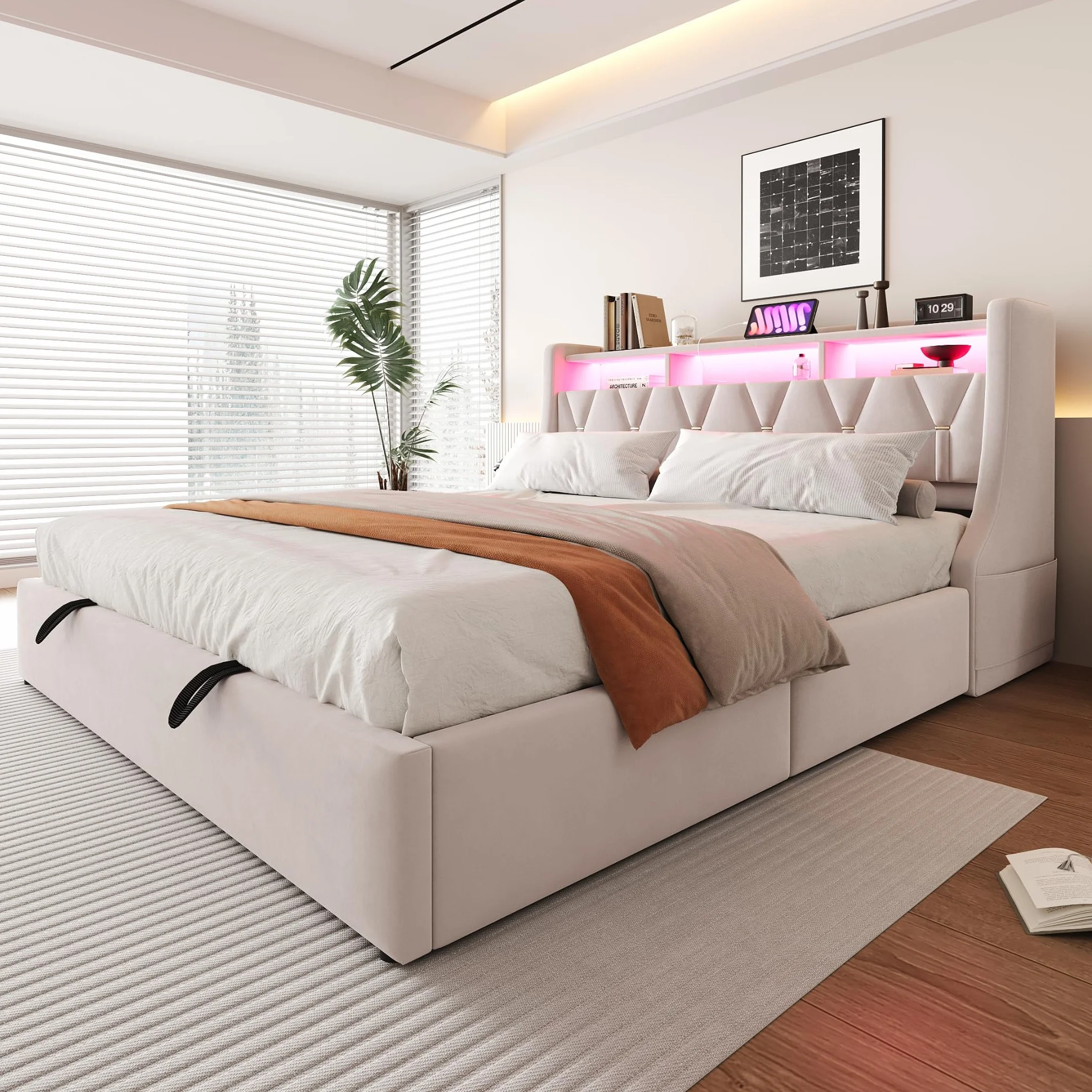 Sapgaks - Cama de 180 x 200 cm, con somier LED y USB, cama doble de 180 x 200 cm, con baúl de almacenamiento y cabeza ajustable, tapizado con láminas, 2 personas marco (sin colchón)