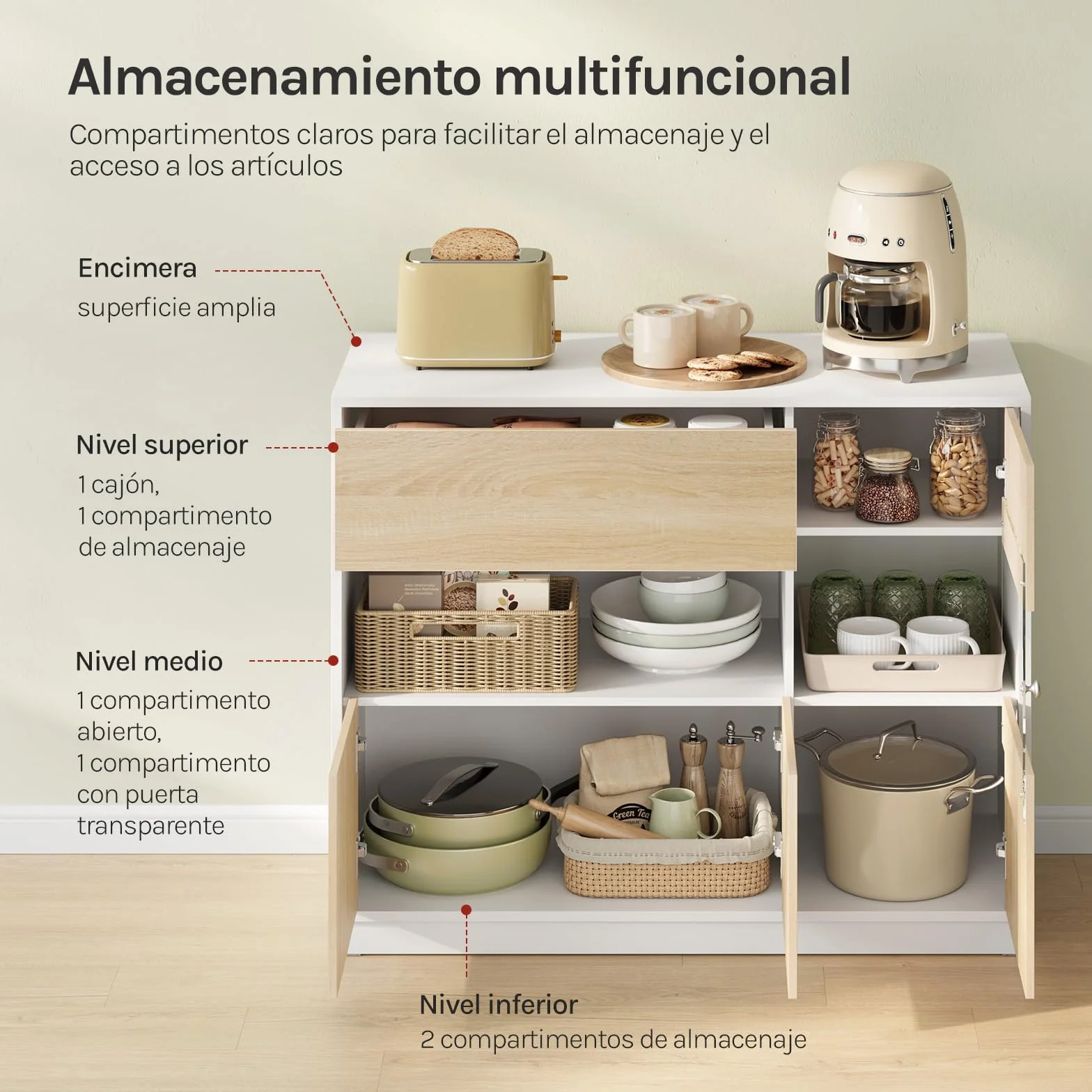 WOLTU Aparador Cocina, Buffet Cocina con Cajones, Zona Abierta y Puerta Transparente, Mueble Auxiliar para Comedor, Salón y Cocina, 100x40x80 cm, Roble Claro+Blanco